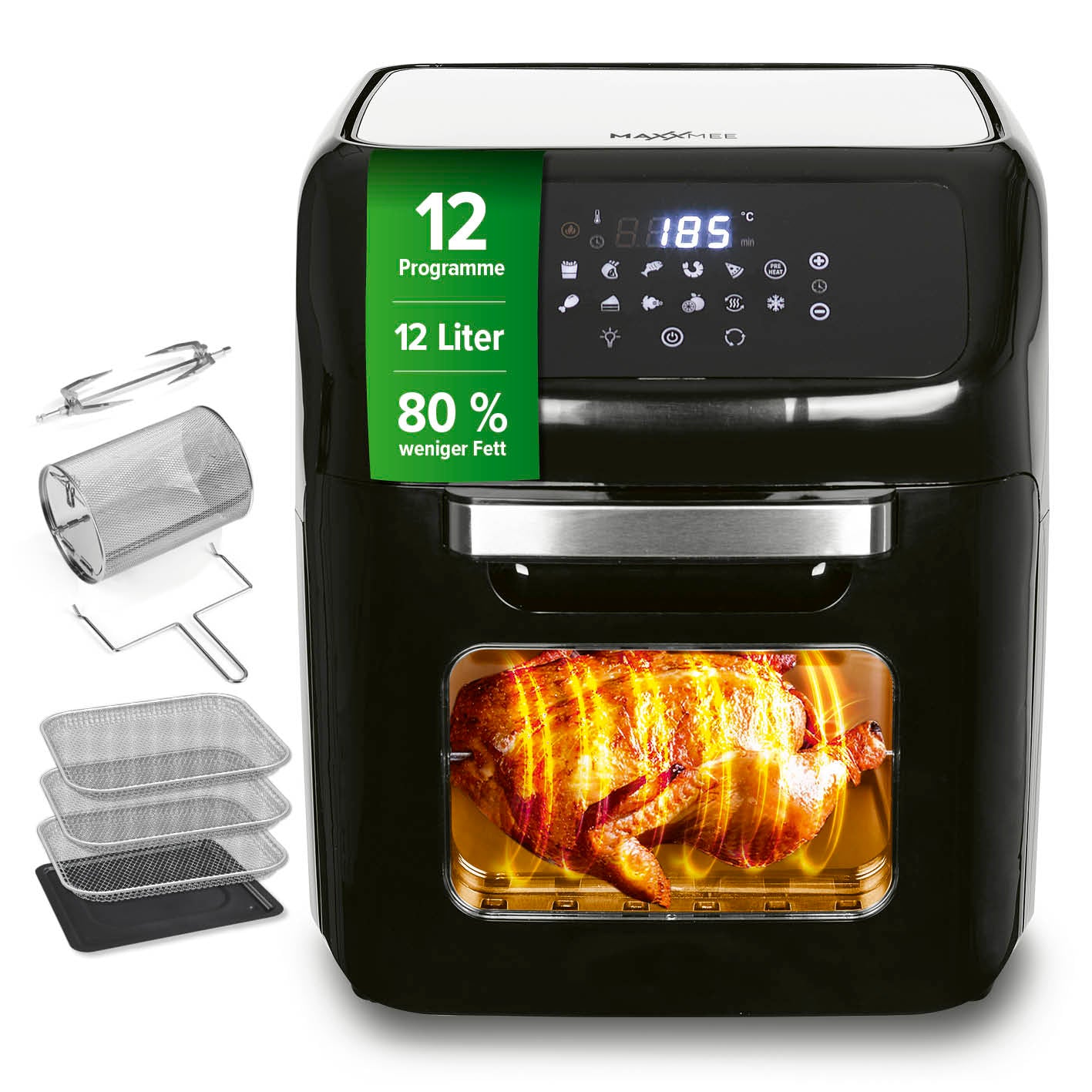 Digitale Heißluftfritteuse mit 12 Programmen, 12 Liter, 1800W, Drehspieß für Grillhähnchen und 80% weniger Fett.