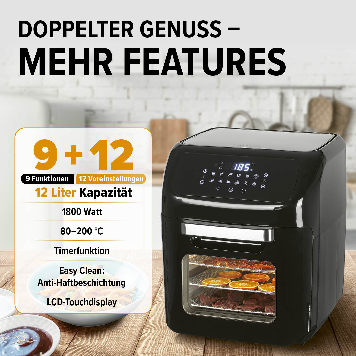 Digitale Heißluftfritteuse mit 9 Funktionen, 12 Litern, 1800W, Touchdisplay und Anti-Haftbeschichtung für fettarmes Frittieren.