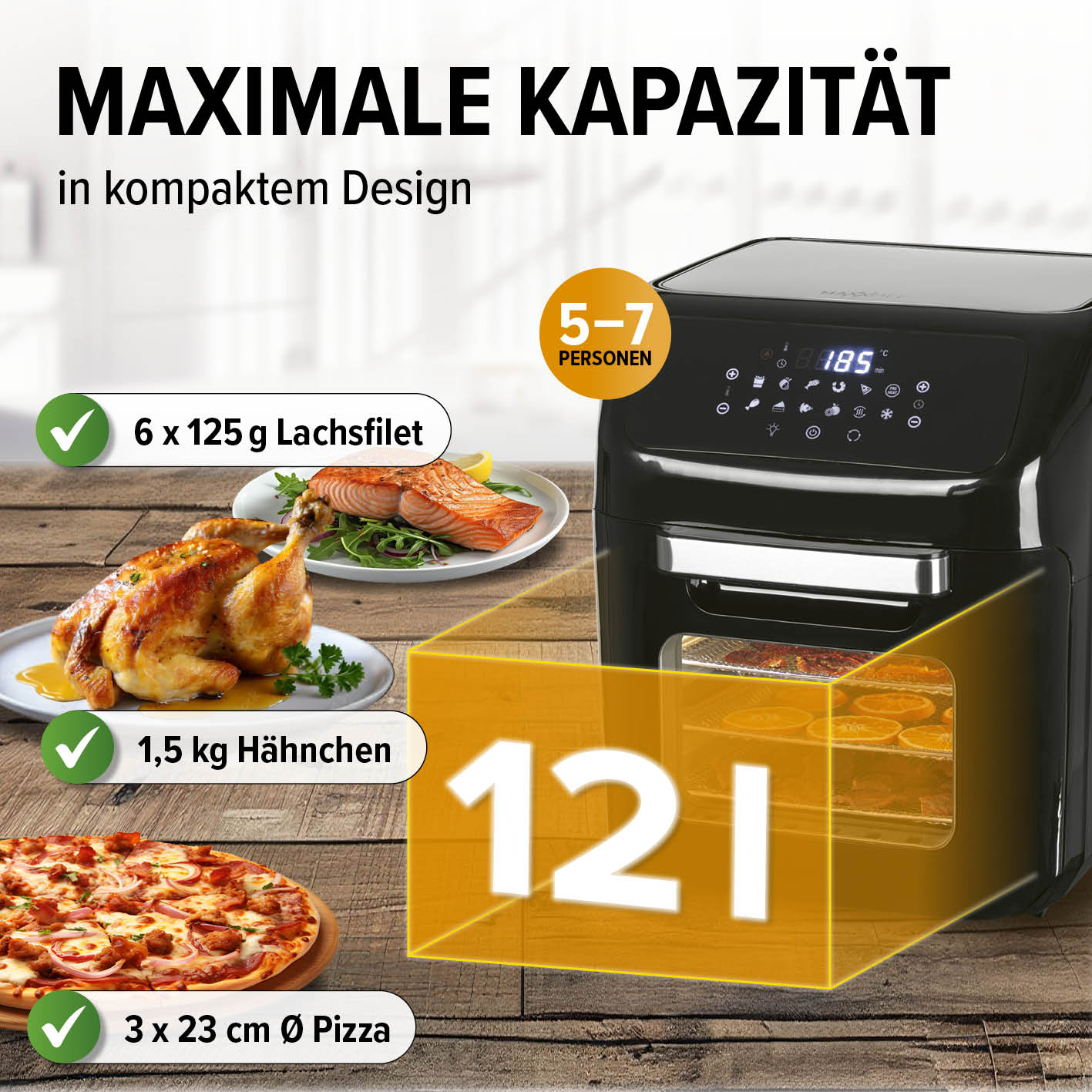 Digitale Heißluftfritteuse mit 12 l Fassungsvermögen, 9 Funktionen, Timer und Touchdisplay für bis zu 5-7 Personen.