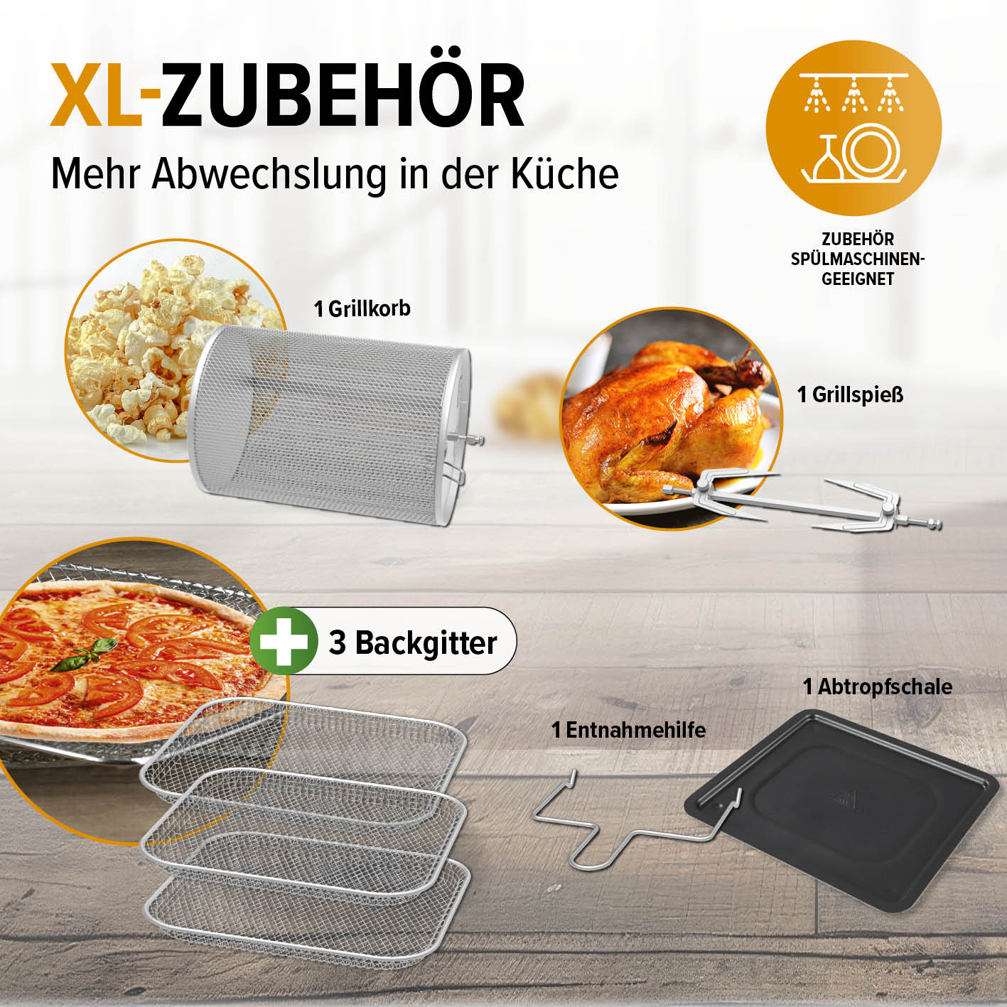 Digitale Heißluftfritteuse mit XL-Zubehör: Grillkorb, Grillspieß, 3 Backgitter, Abtropfschale und Entnahmehilfe für vielseitiges Frittieren.