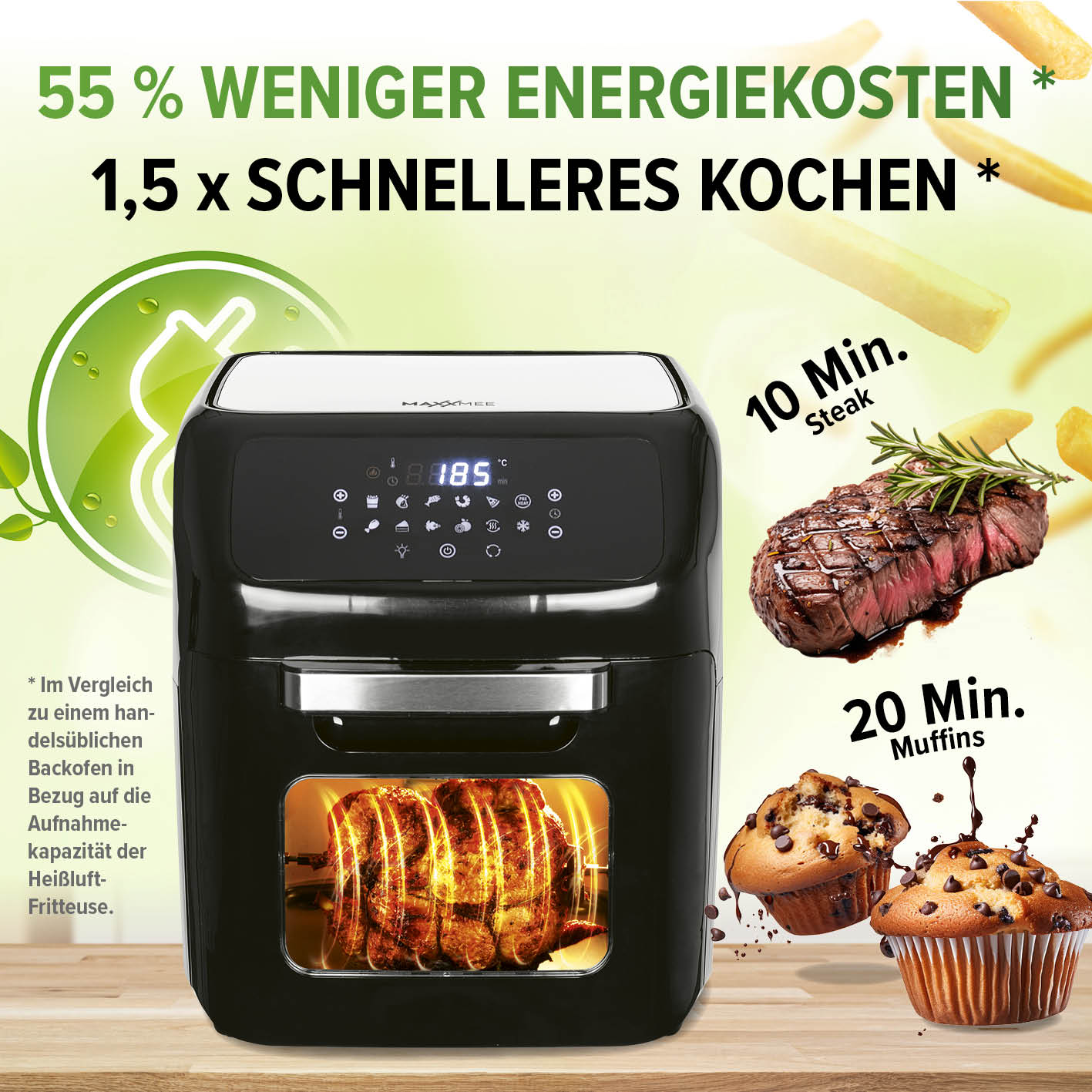 Digitale Heißluftfritteuse mit 1800W, 360° Heißluft, 12 l Volumen, schnellem Aufwärmen und vielseitigen Programmen für fettarmes Kochen.
