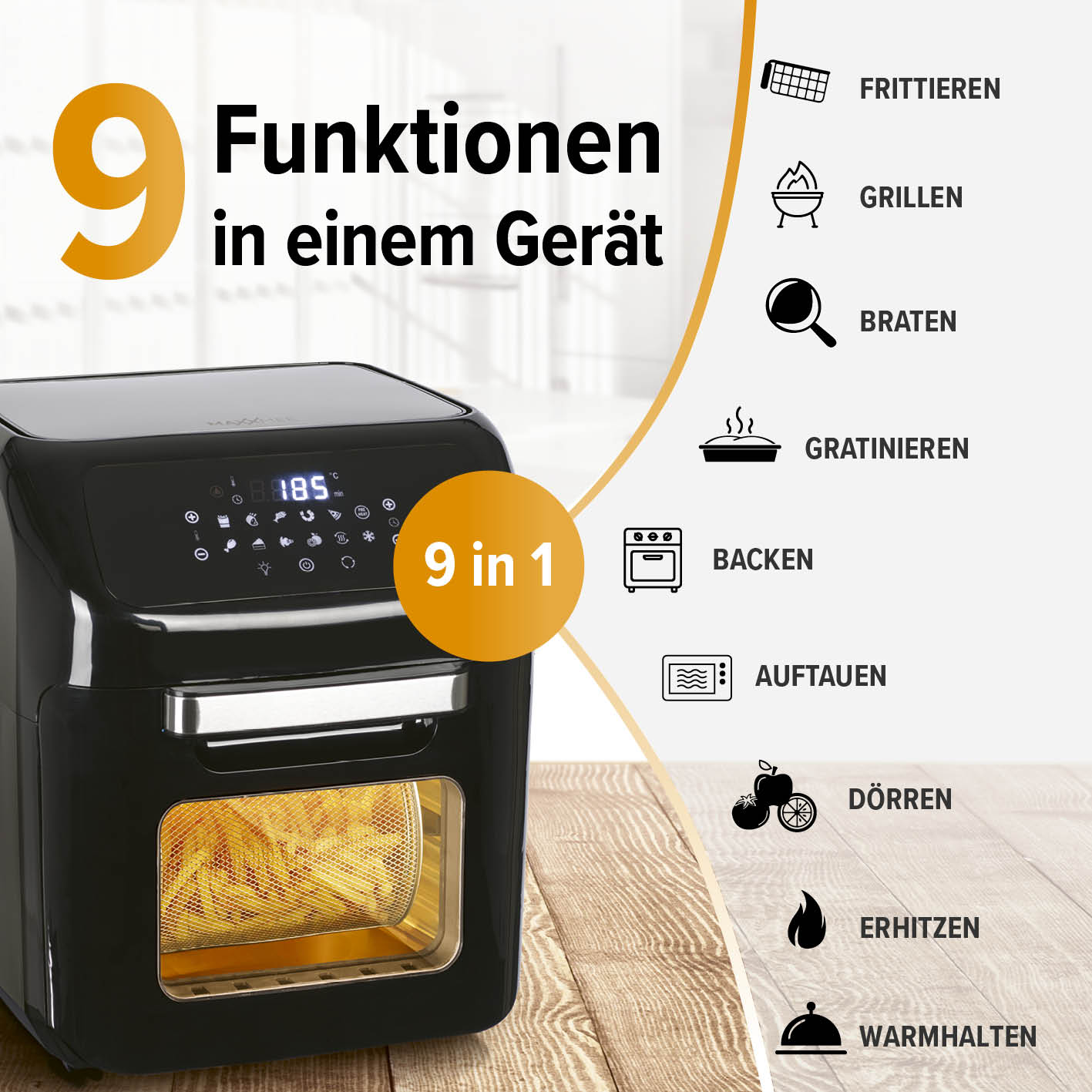 Digitale Heißluftfritteuse mit 9 Funktionen wie Frittieren, Grillen, Braten, Backen, Auftauen und mehr in einem Gerät.