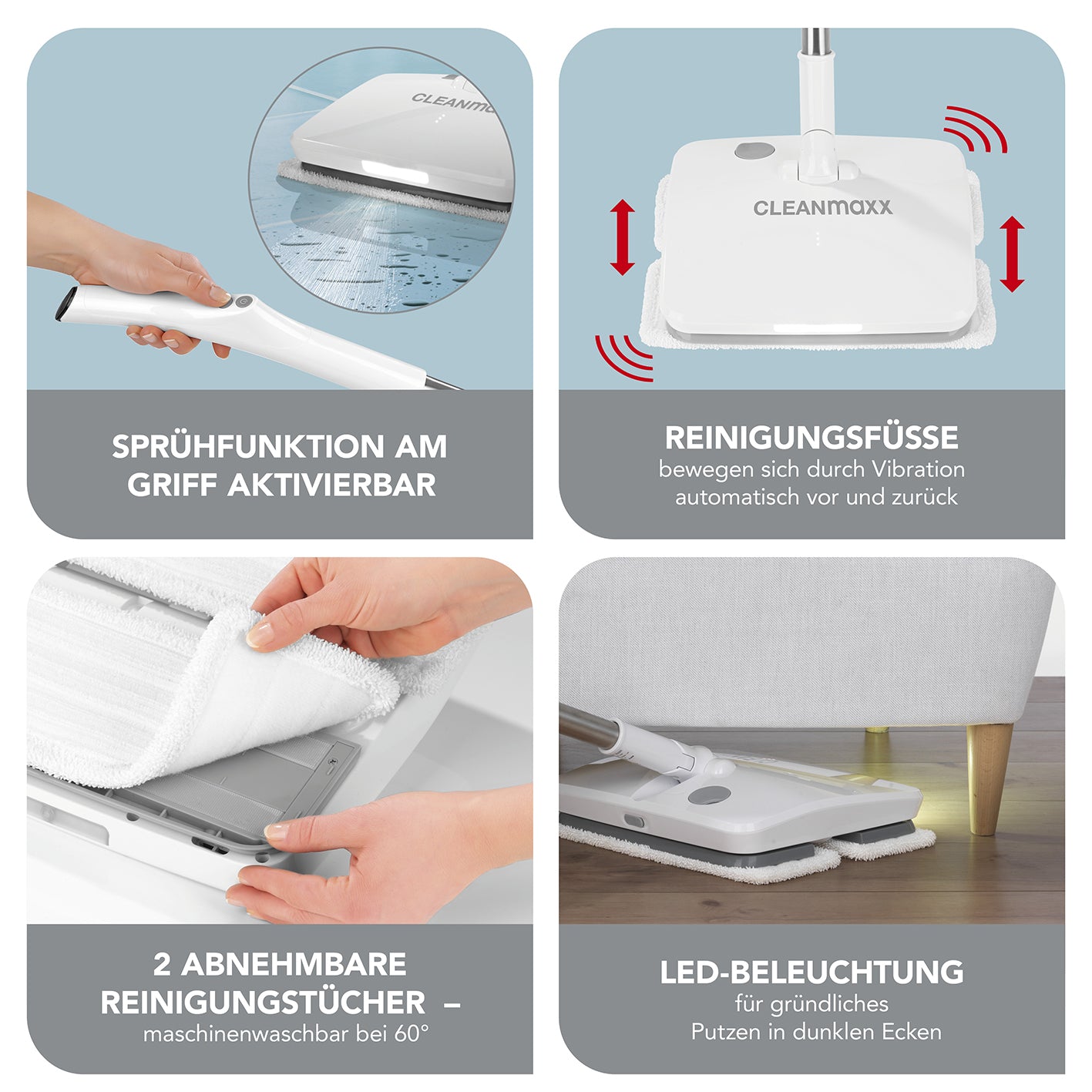Akku-Vibrationsmopp - Weiß mit LED-Beleuchtung, kabellos, Sprühfunktion und abnehmbaren Reinigungstüchern für empfindliche Böden.