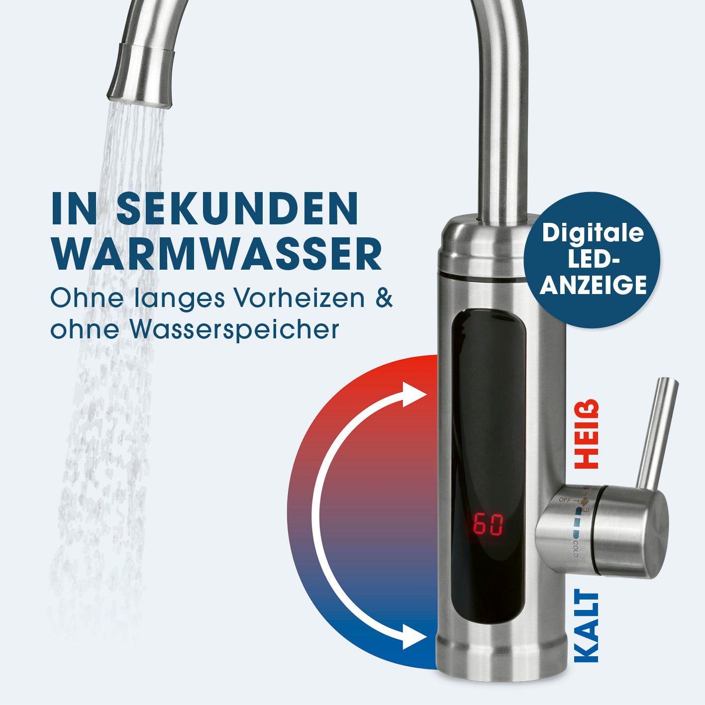 elektrische Edelstahl-Armatur mit integriertem Durchlauferhitzer und digitaler LED-Temperaturanzeige für schnelles Warmwasser