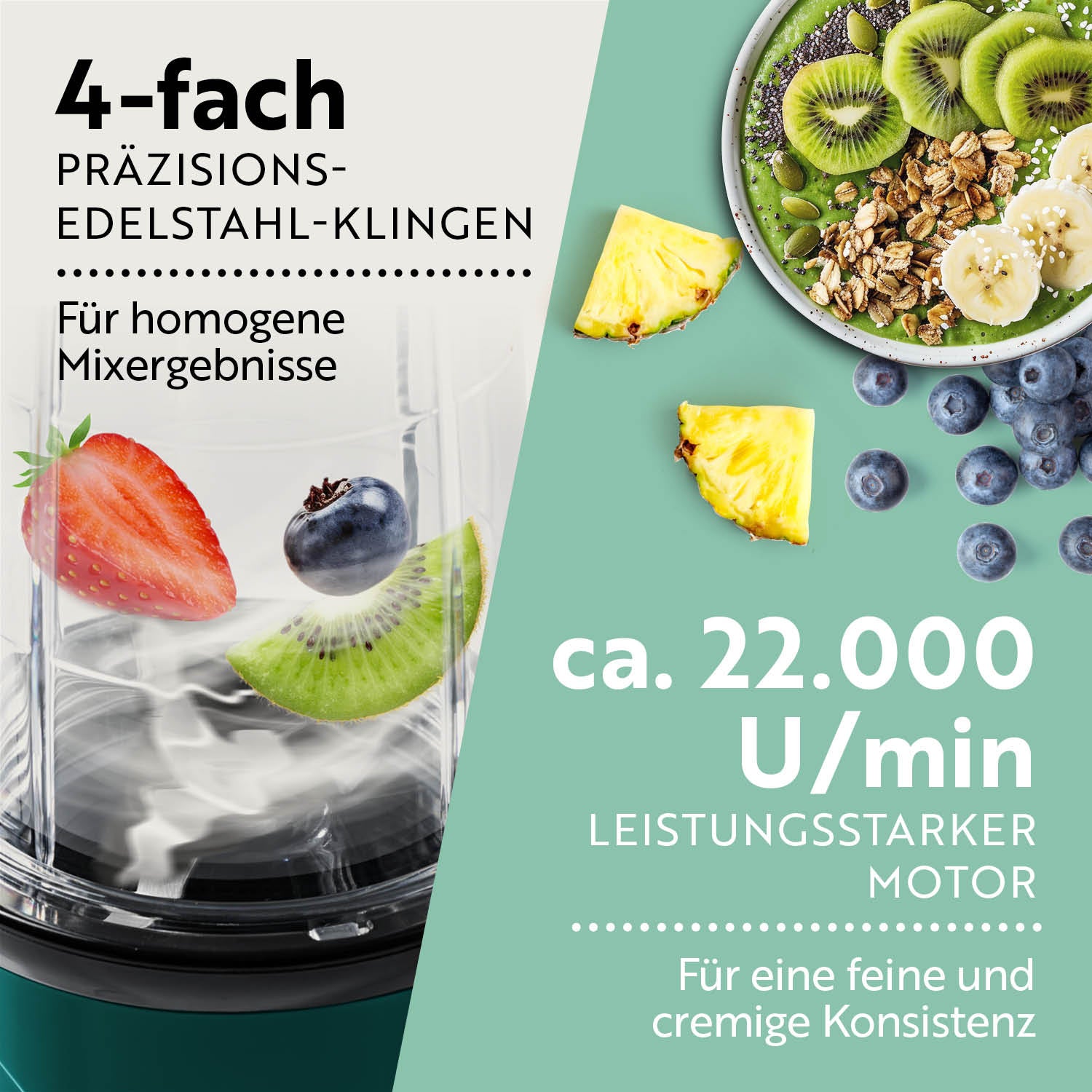 Mr. Magic Smaragdgrün/Schwarz Mixbecher mit 4-fach Edelstahlklingen und 22000 U/min Motor für feine und cremige Mix-Ergebnisse.