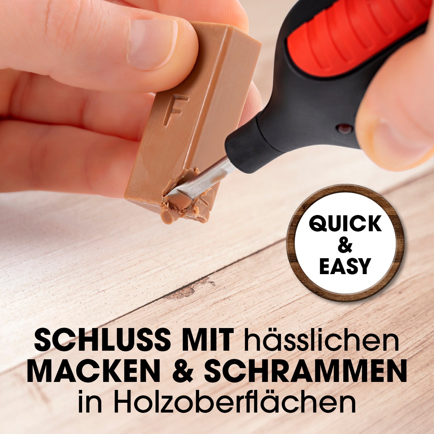 Reparaturset für Laminat & Parkett mit Wachsschmelzer und Holzwachsstangen zur einfachen Ausbesserung von Macken und Schrammen in Holzböden.