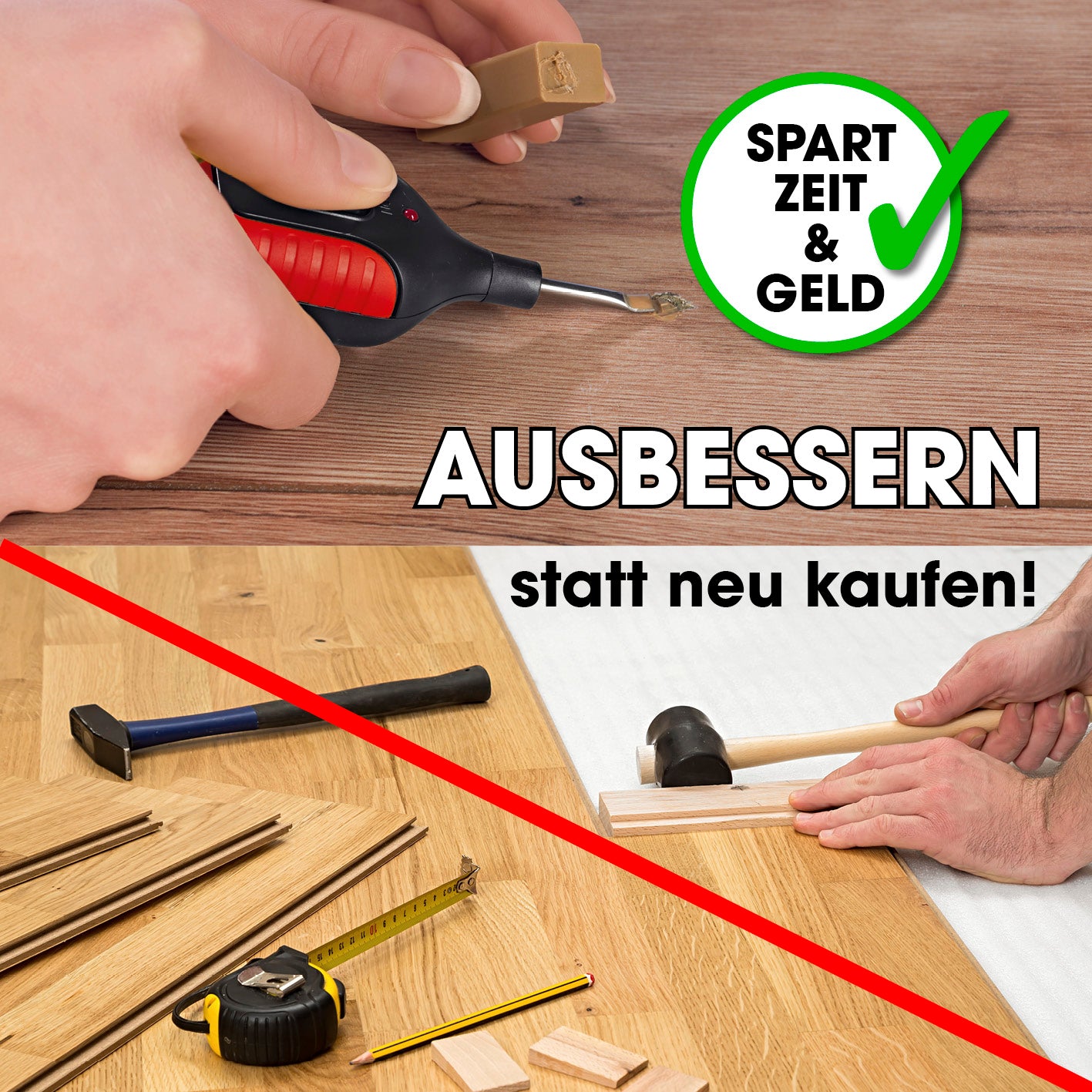 Reparaturset für Laminat & Parkett mit 19 Teilen zum einfachen Ausbessern von Macken in Holzböden, spart Zeit und Geld.
