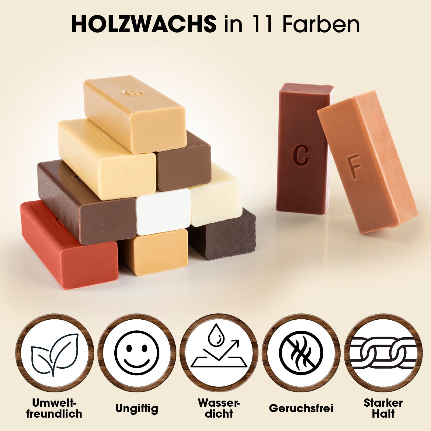 Reparaturset für Laminat & Parkett mit 11 Holzwachsstangen, wasserdicht, geruchsfrei und starkem Halt zur einfachen Bodenreparatur.