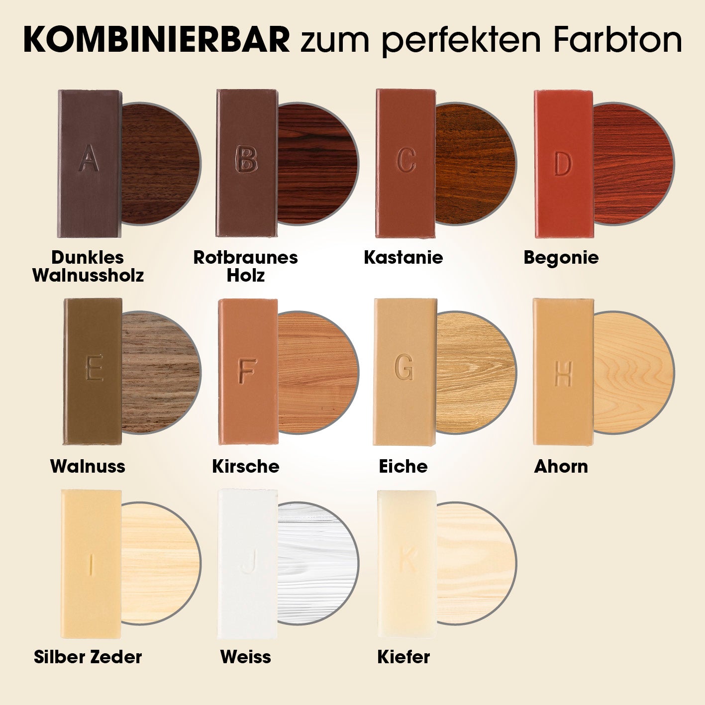 Reparaturset für Laminat & Parkett mit 11 kombinierbaren Holzwachsfarben für perfekte Ausbesserung von Holzböden und Möbeln.