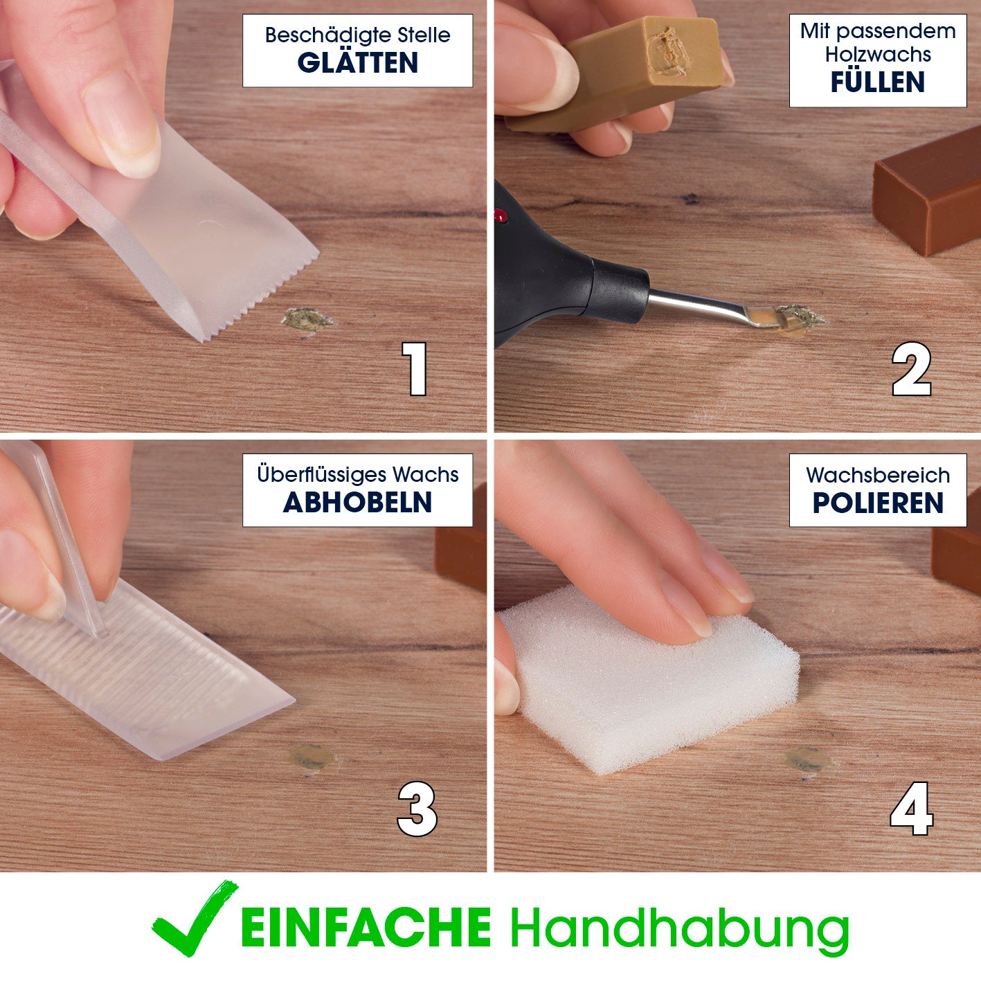 Reparaturset für Laminat & Parkett zeigt Schritte: Schäden glätten, Wachs füllen, überschüssiges Wachs abhobeln, polieren.