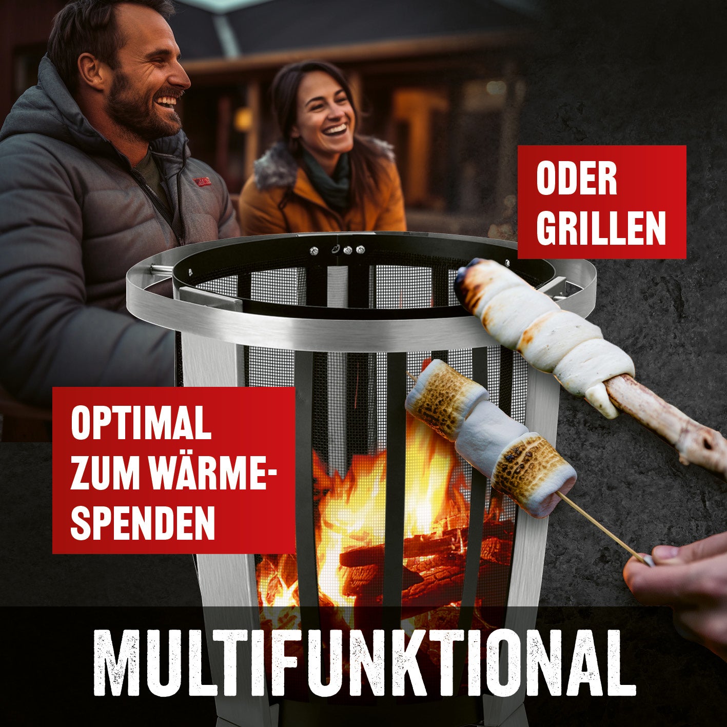 Feuerkorb Classic mit Edelstahltragerand und Meshgitter, ideal zum Grillen und Wärmespender, inklusive Holzaufsteller und lackiertem Korpus.