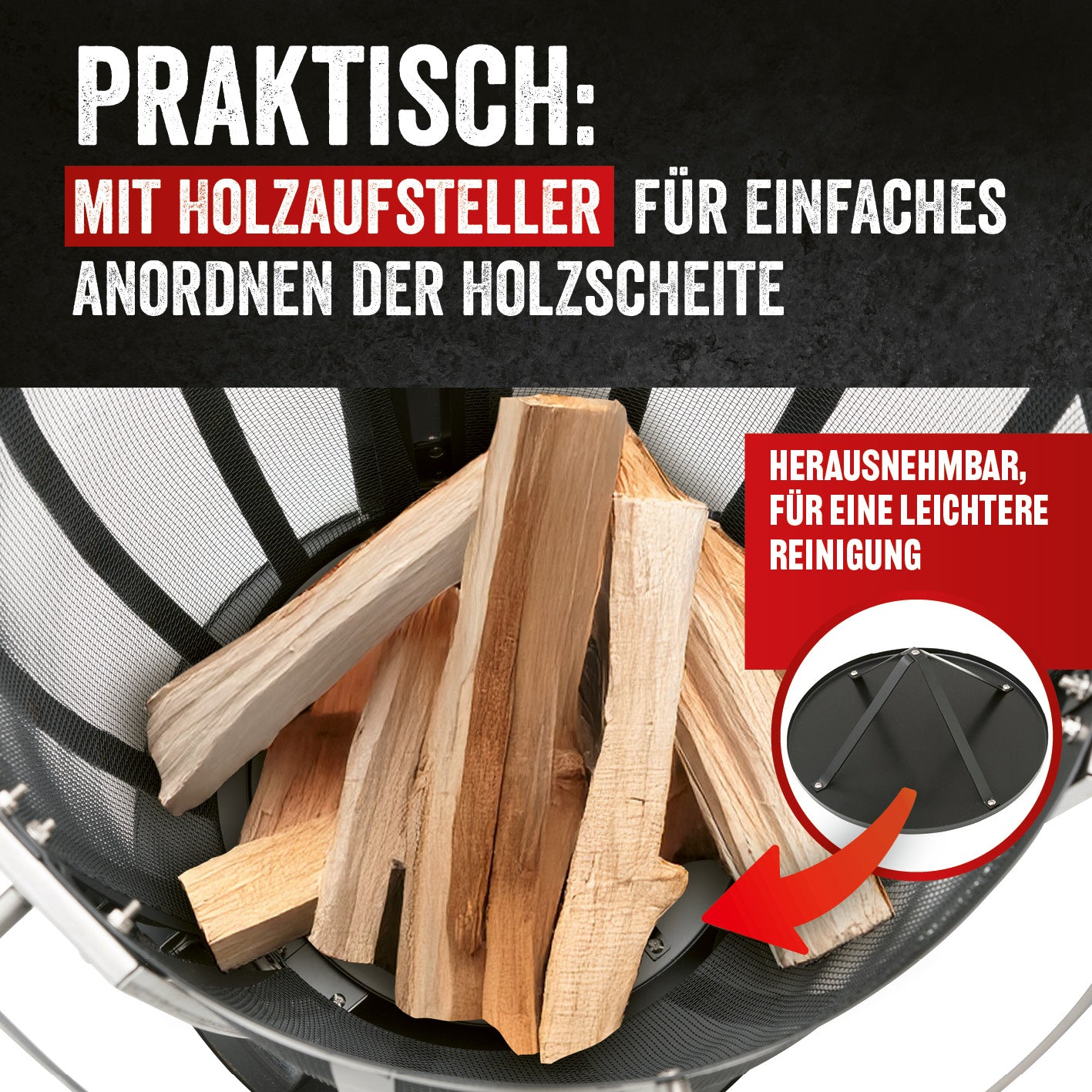 Feuerkorb Classic mit integriertem Holzaufsteller für perfekte Anordnung der Holzscheite und leichter Reinigung durch herausnehmbare Bodenplatte.