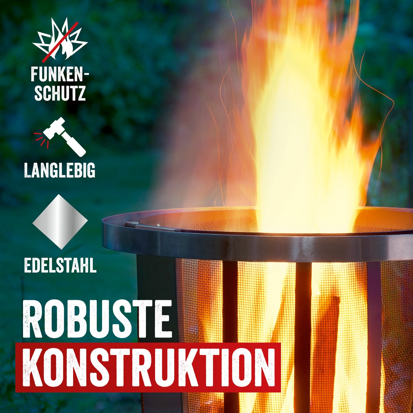 Feuerkorb Classic mit Edelstahlrand und integriertem Funkenschutz für sichere und langlebige Feuerstellen im Garten.