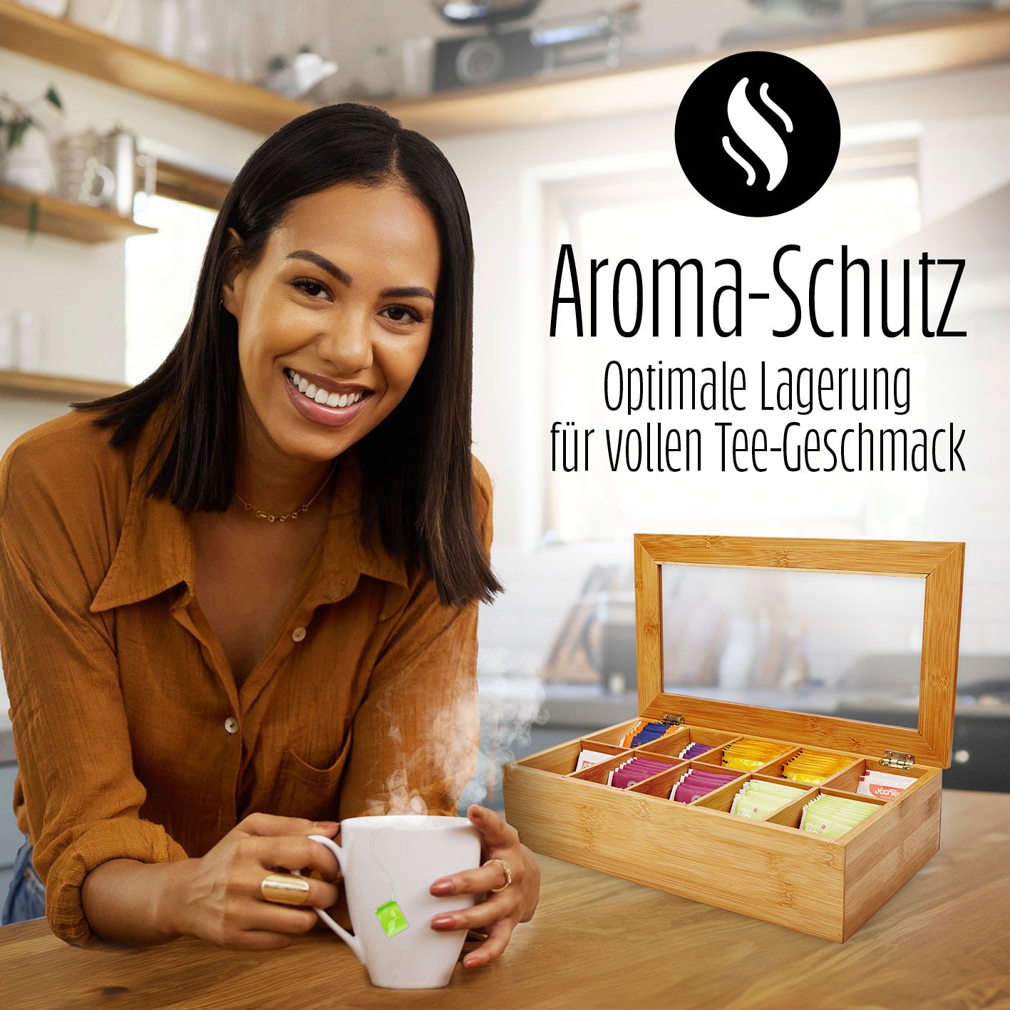Cuisine Teebox aus Bambus mit 10 Fächern, nachhaltige Teebox mit Sichtfenster für aromatischen, platzsparenden Tee und Gewürz-Aufbewahrung.