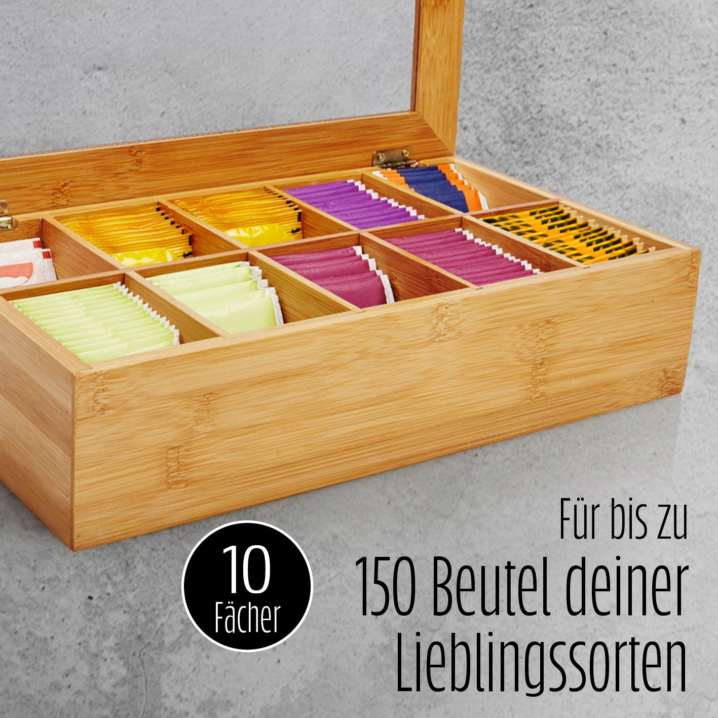 Cuisine Teebox aus Bambus mit 10 Fächern, ca. 36,7 x 20 x 9 cm, nachhaltige Teebox zur Aufbewahrung von Teebeuteln.