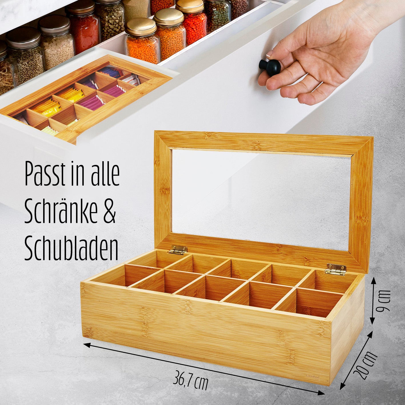 Cuisine Teebox aus Bambus mit 10 Fächern, 36,7 x 20 x 9 cm, nachhaltige Teebeutelbox mit Sichtfenster und Deckel, platzsparend für Küche.