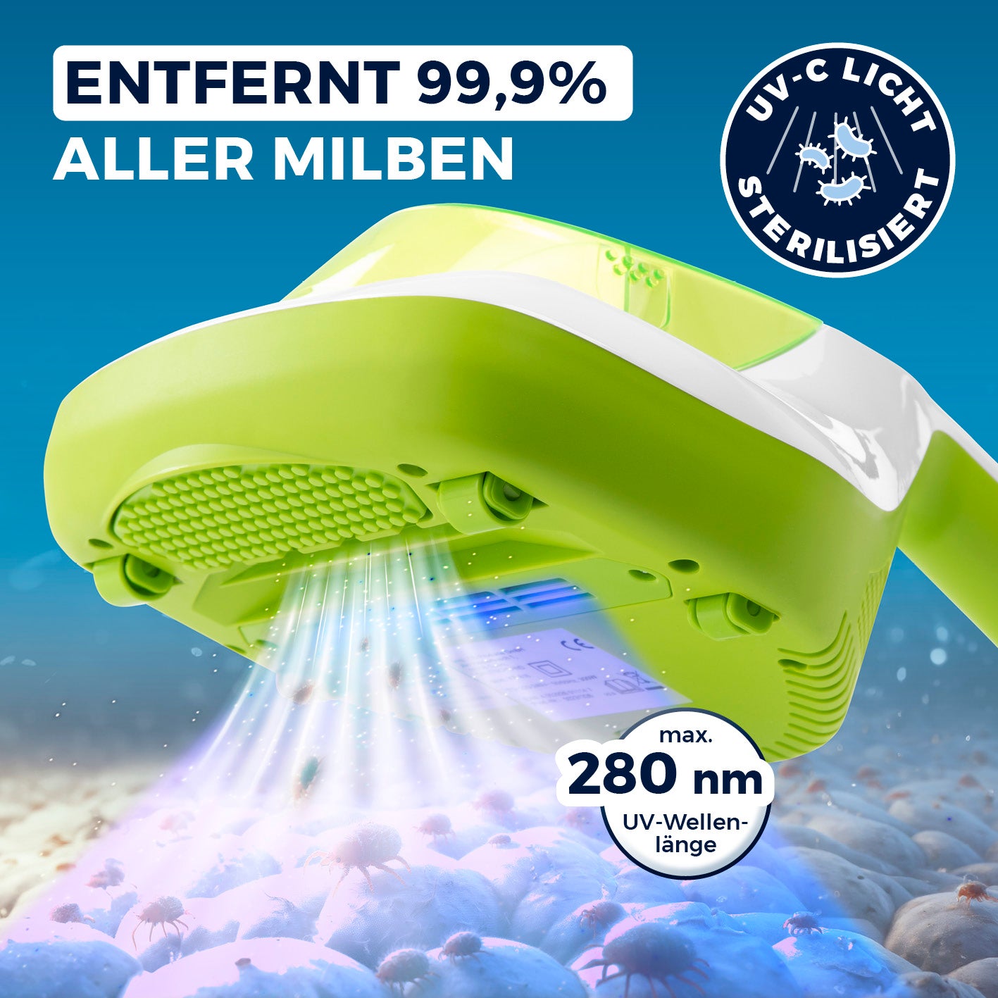 Milbensauger Vibration - weiß/limegreen mit UV-C-Licht und starker Saugkraft entfernt 99,9 % Milben und Allergene sicher.