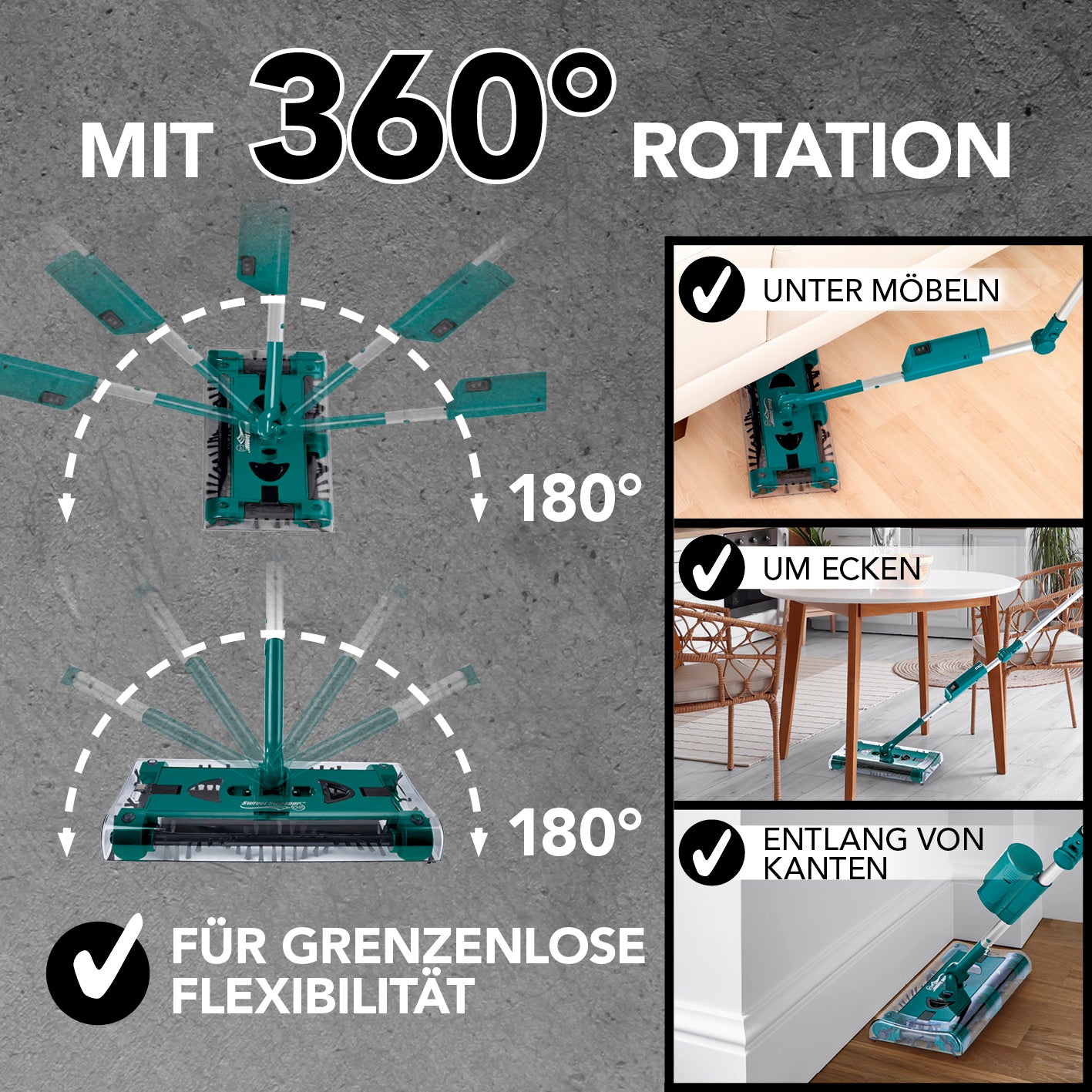 Swivel Sweeper G 2 Akkubesen kabellos mit 360° Rotation für flexible Reinigung unter Möbeln, an Ecken und Kanten in Smaragd.