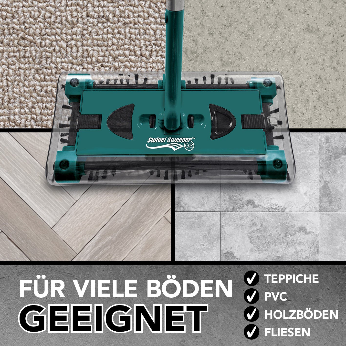 Swivel Sweeper G 2 Akkubesen kabellos reinigt Teppiche, PVC, Holzböden und Fliesen mit 4 rotierenden Bürsten gründlich und flexibel.