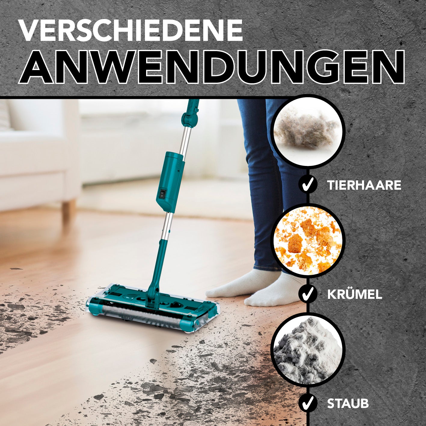 Swivel Sweeper G 2 Akkubesen kabellos - Smaragd reinigt Tierhaare, Krümel und Staub auf verschiedenen Böden gründlich.