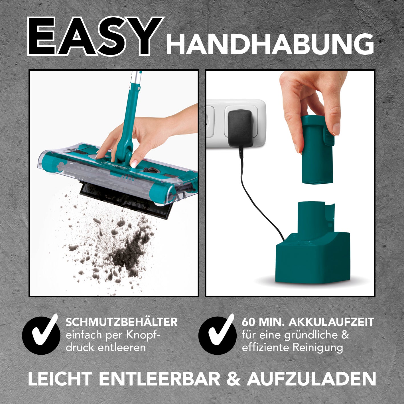 Swivel Sweeper G 2 Akkubesen kabellos zeigt einfach entleerbaren Schmutzbehälter und 60 Minuten Akkulaufzeit für praktisches Reinigen.