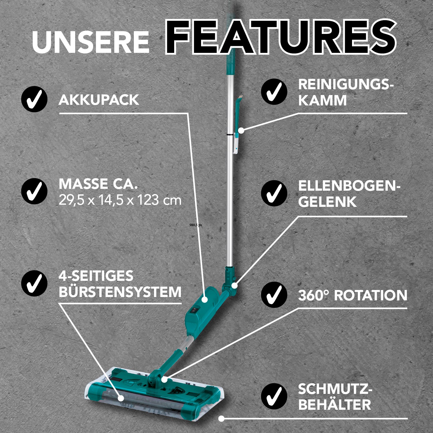 Swivel Sweeper G 2 Akkubesen kabellos mit 4-seitigem Bürstensystem, 360° Rotation, Akku, Ellbogengelenk und Schmutzbehälter in Smaragd.