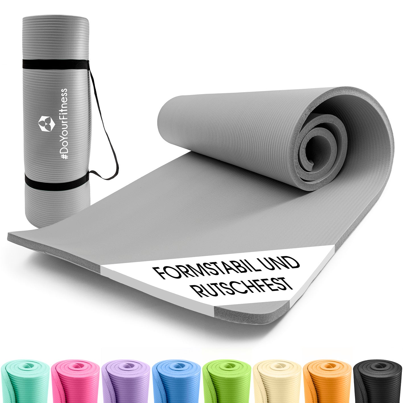 Fitness- und Gymnastikmatte - 190 x 100 x 1 cm - Grau, rutschfest, robust und leicht mit Tragegurt für Indoor- und Outdoor-Training.
