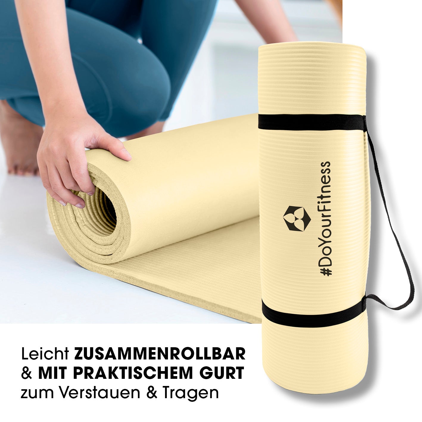 Fitness- und Gymnastikmatte - 190 x 100 x 1 cm - Hell Beige, rutschfest, leicht zusammenrollbar mit praktischem Tragegurt von DoYourFitness.