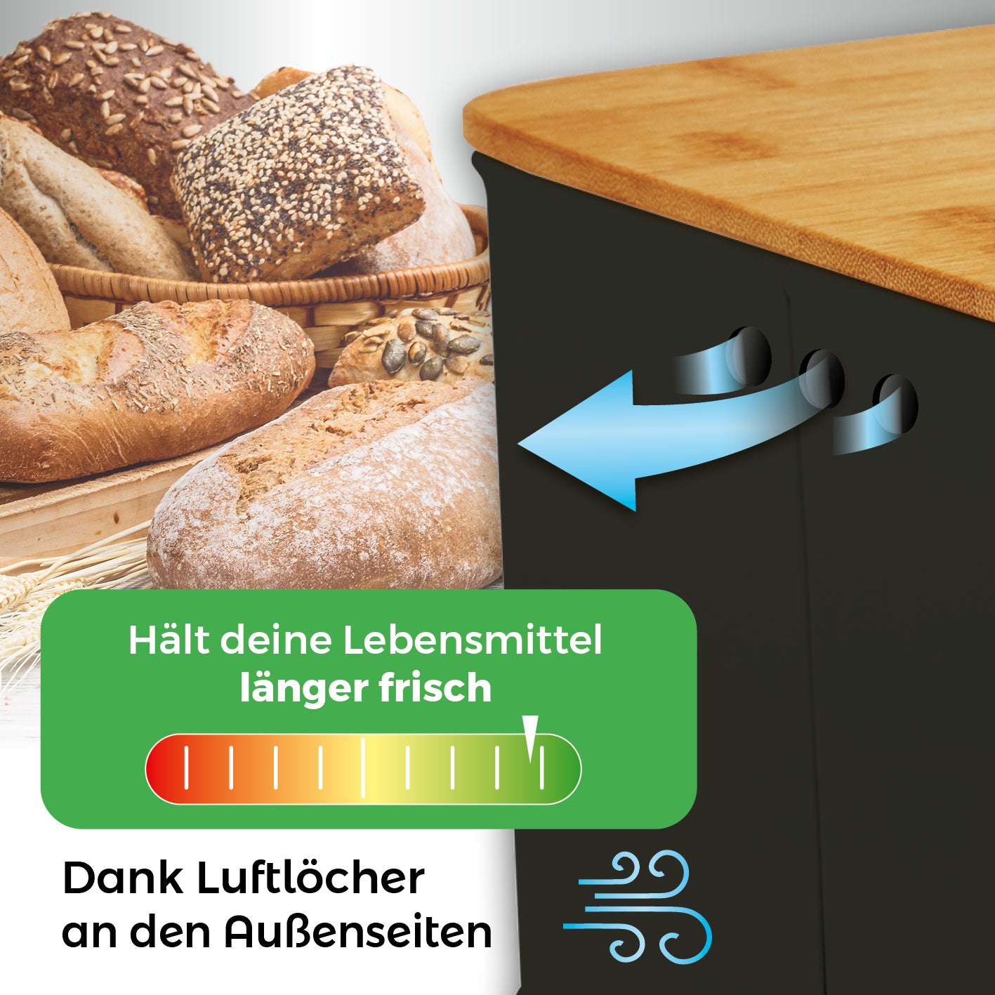 Cuisine Brotkasten aus Metall mit Bambus Deckel – rechteckig, schwarz, mit Lüftungslöchern für optimale Luftzirkulation und längere Frische.