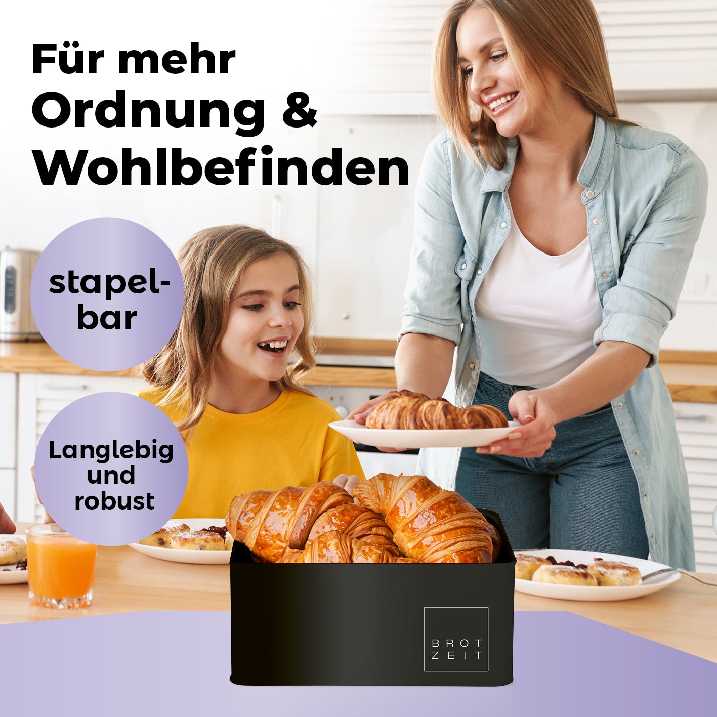 Cuisine Brotkasten aus Metall mit Bambus Deckel - Rechteckig 30,5 x 23,5 x 14 cm - Schwarz, stilvoller und robuster Brotkasten für die Küche.