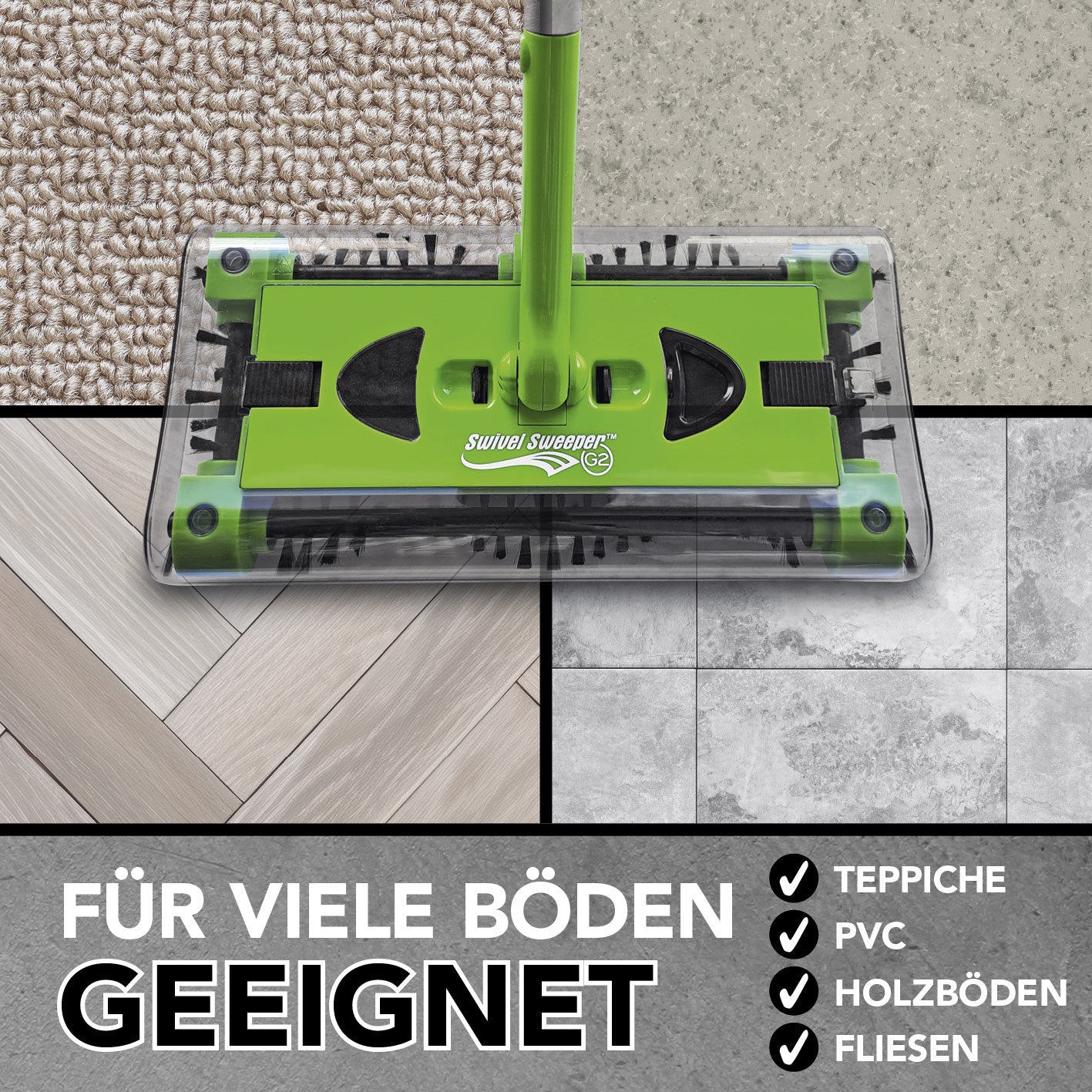 Swivel Sweeper G 2 Akkubesen kabellos in Limettengrün, flexibler elektrischer Besen für Teppiche, PVC, Holzböden und Fliesen.