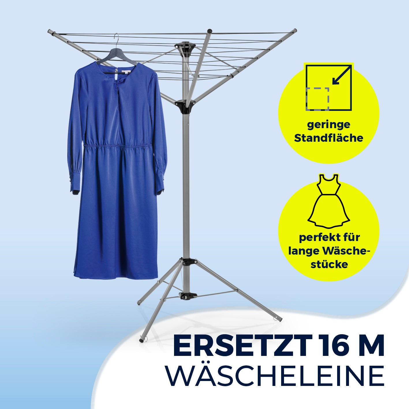 Wäschespinne 1600 mit 16 m Trockenlänge, platzsparend, faltbar und ideal für lange Wäschestücke indoor und outdoor.
