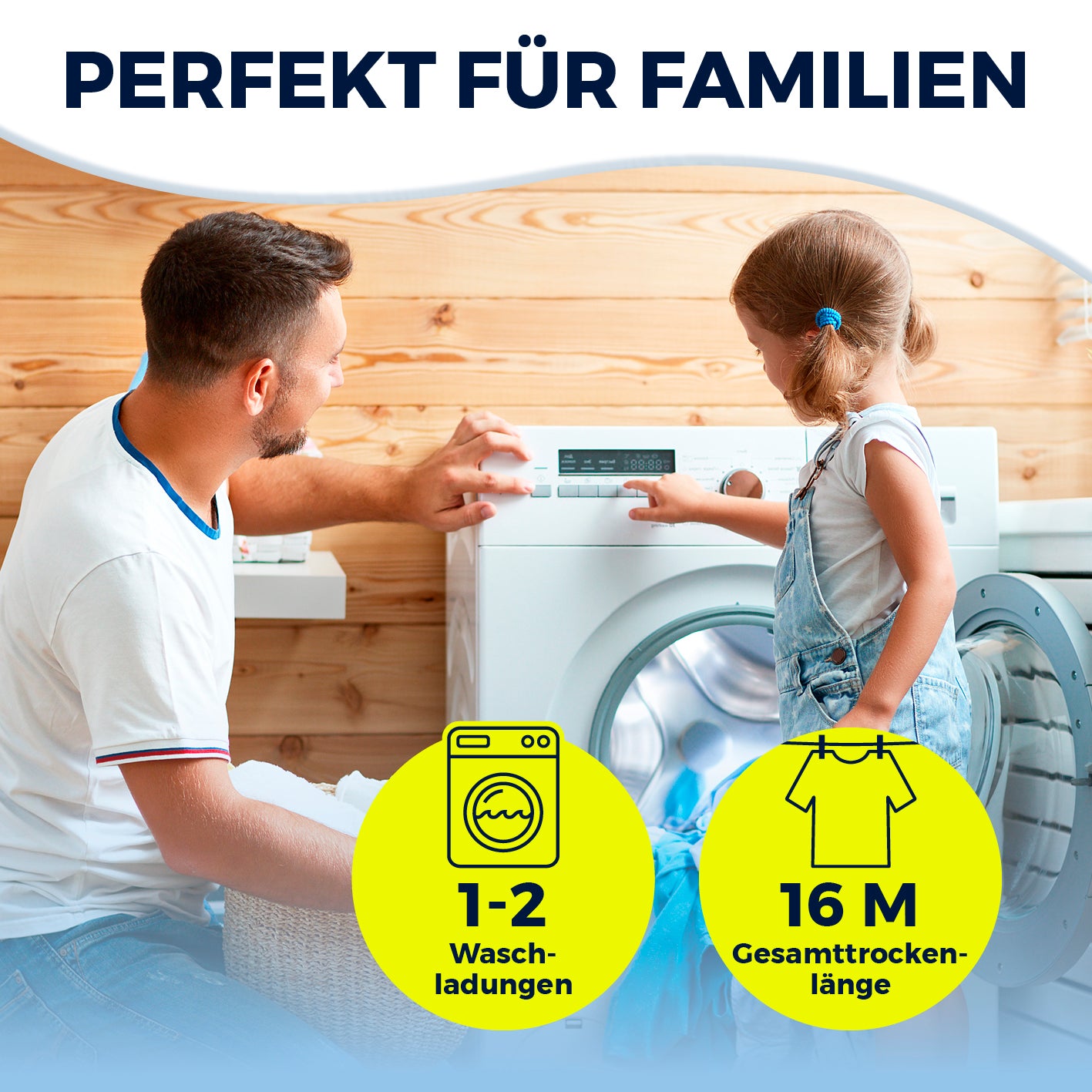 Wäschespinne 1600 zum stromlosen Trocknen, 16 Meter Leinen, kompakt, platzsparend, für 1–2 Waschladungen innen und außen.