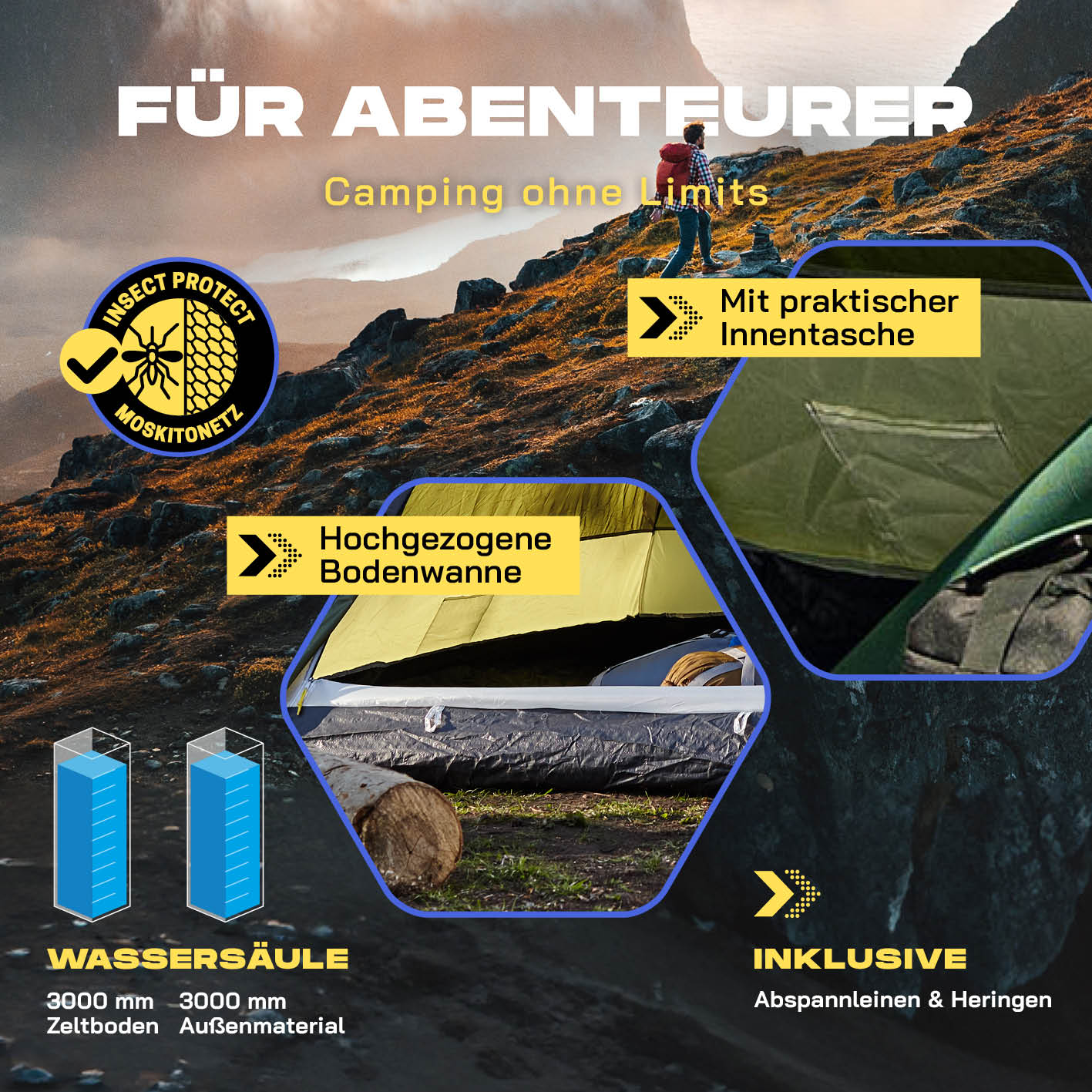 Pop up Kuppelzelt für 3 Personen - Grün mit praktische Innentasche, hochgezogener Bodenwanne, wasserdicht und inklusive Zubehör.