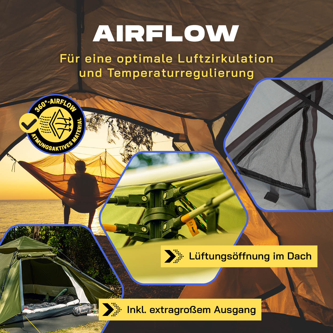Pop up Kuppelzelt für 3 Personen - Grün mit Lüftungsöffnung im Dach, extragroßem Ausgang und optimaler Luftzirkulation.