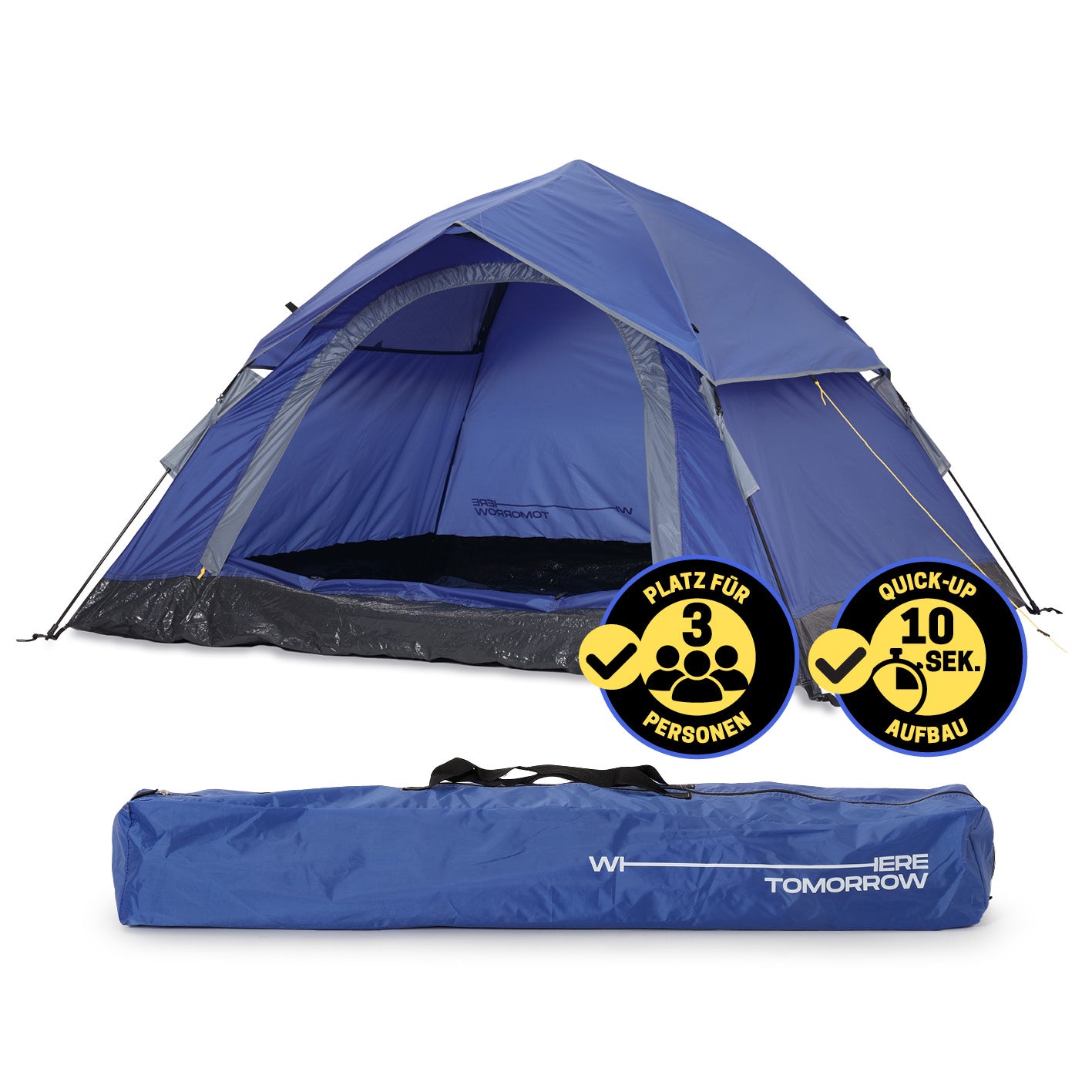 Pop up Wurfzelt für 3 Personen - Blau, leicht, wasserdicht, schnelles Quick-Up System, ideal für Outdoor, Reise, Festival und Strand.