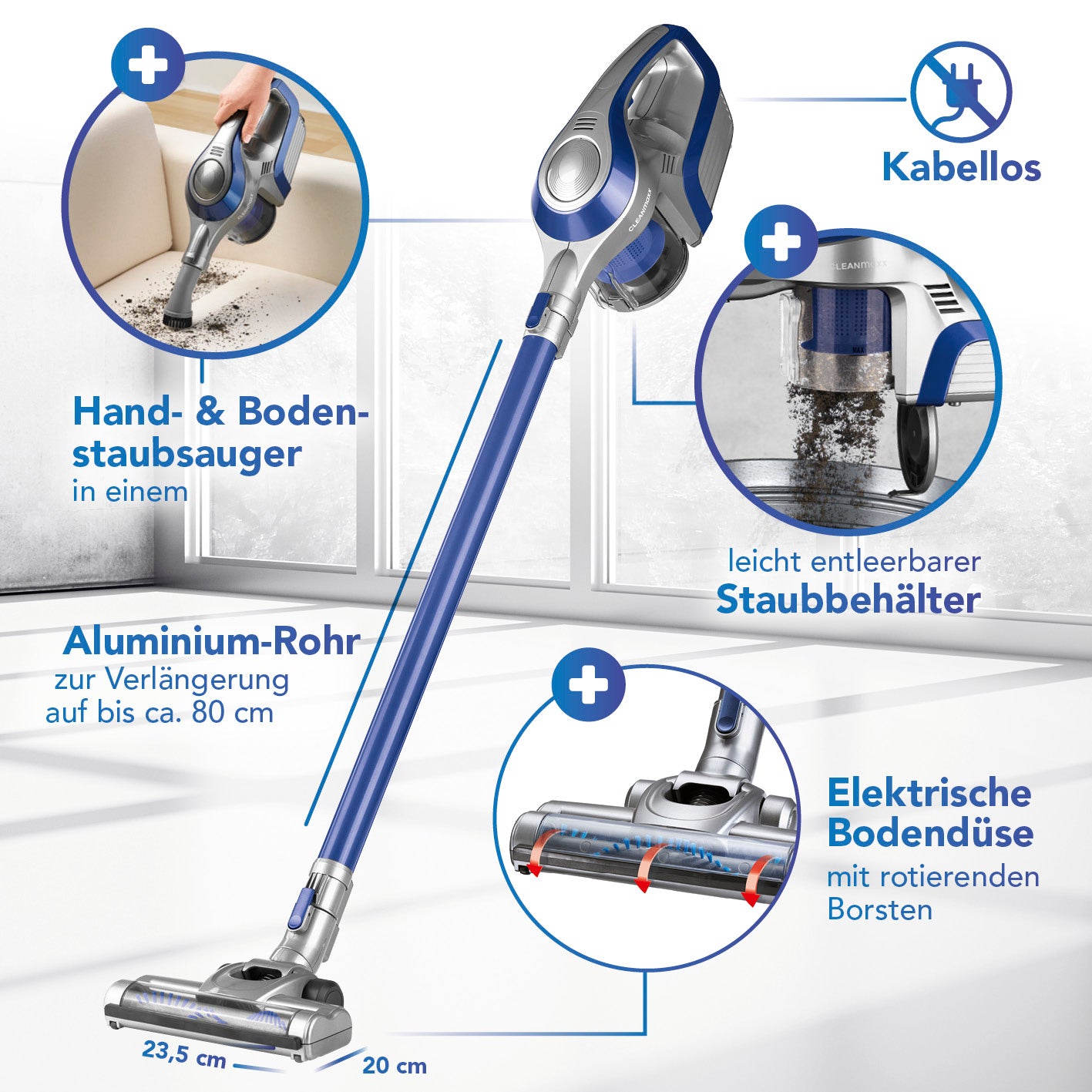 Akku-Zyklonstaubsauger - blau/silber mit 2in1 Funktion, Aluminium-Verlängerungsrohr, leicht entleerbarem Staubbehälter und elektrischer Bodendüse.