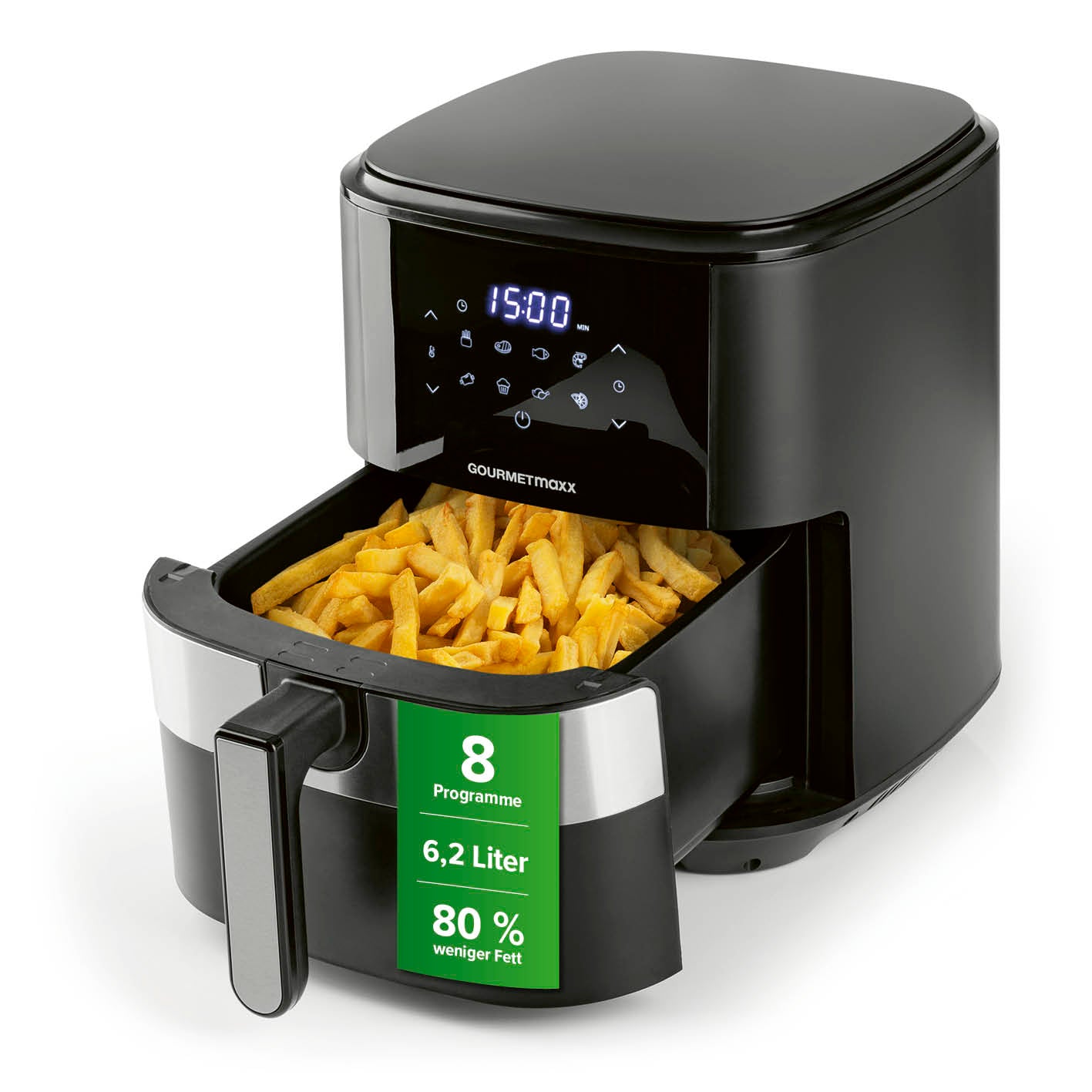 GOURMETmaxx Heißluftfritteuse - 6,2 l mit 9 Funktionen, Touchdisplay und fettarmem Frittieren für gesunde Pommes und mehr.