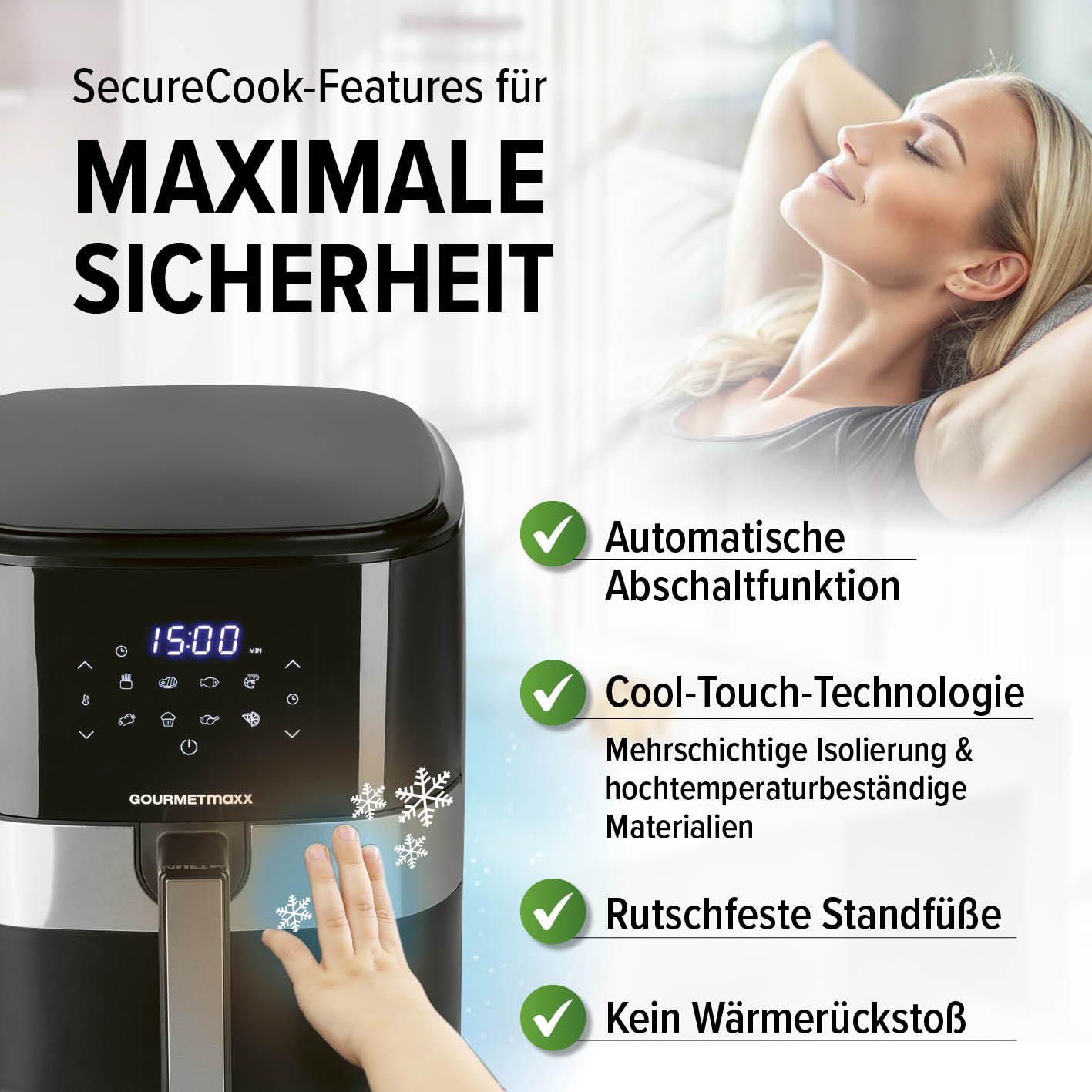 GOURMETmaxx Heißluftfritteuse - 6,2 l mit Automatischer Abschaltfunktion, Cool-Touch-Technologie und rutschfesten Standfüßen für maximale Sicherheit.