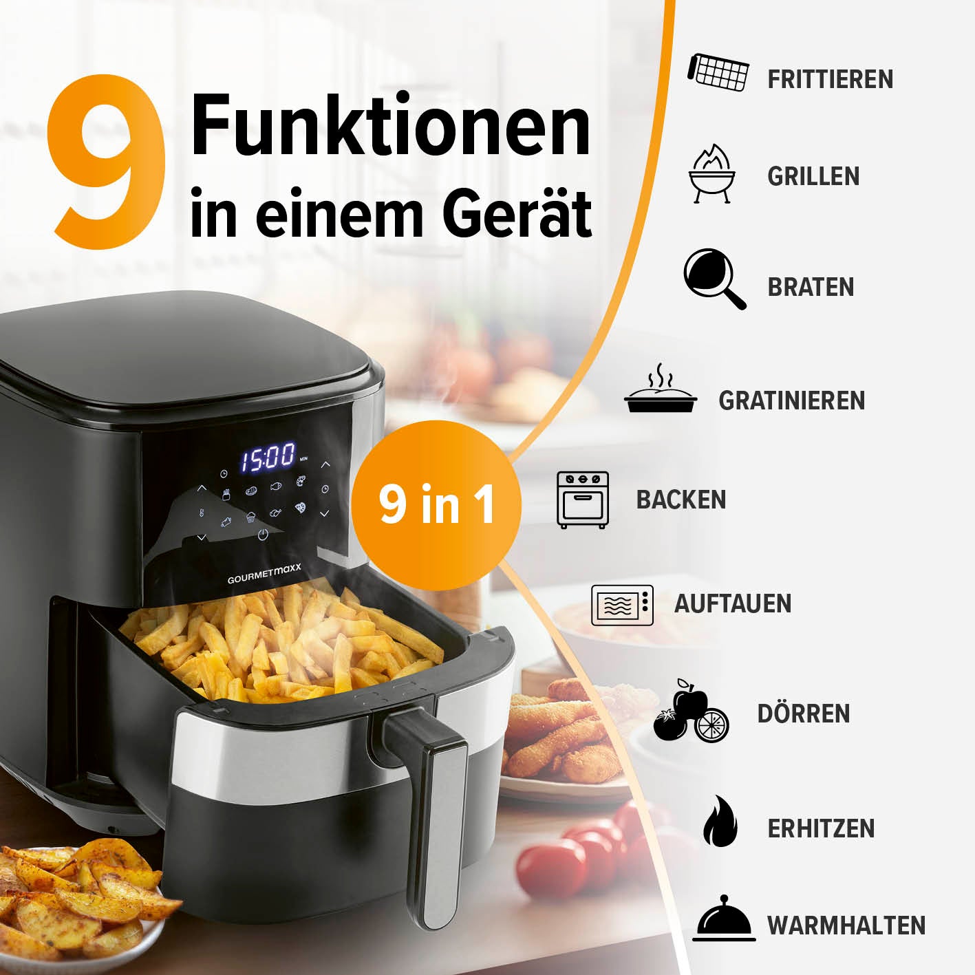 GOURMETmaxx Heißluftfritteuse - 6,2 l mit 9 Funktionen zum fettarmen Frittieren, Grillen, Backen und mehr per Touchdisplay bedienen.