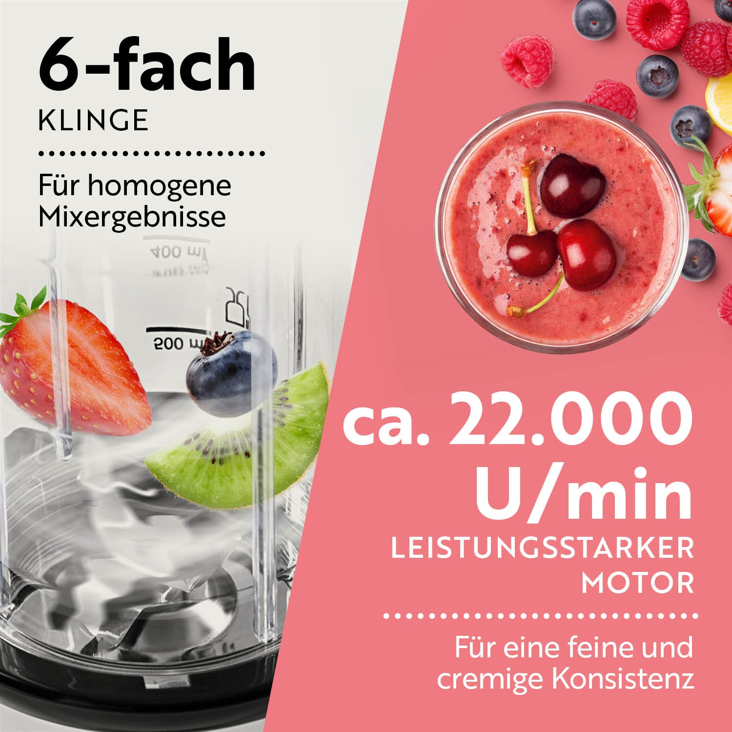 Nutrition Mixer Silber/Schwarz mit 6-fach Klinge und 22.000 U/min Motor für feine, cremige Mixergebnisse.