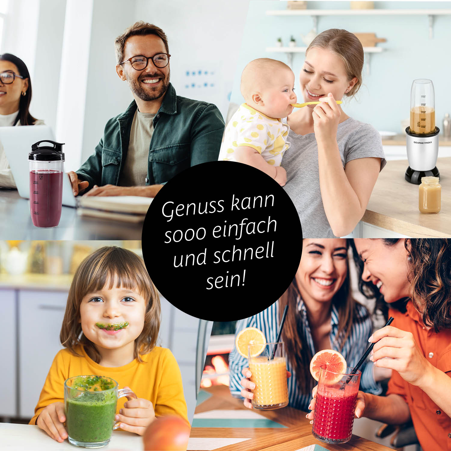 Nutrition Mixer Silber/Schwarz kompakter, leistungsstarker Standmixer mit To-go-Becher für frische Smoothies und gesunde Drinks.