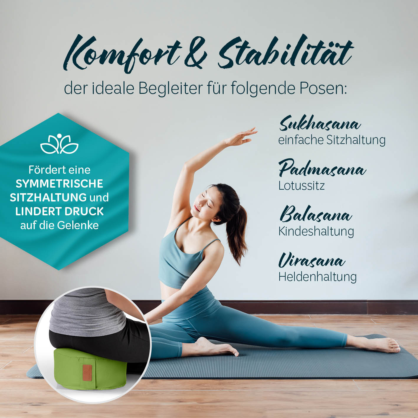 Yoga-Kissen Vishnu rund 30x30x15 cm hellgrün, gefüllt mit Bio-Dinkelspelz, ideal für Yoga-Posen und Pilates-Unterstützung.