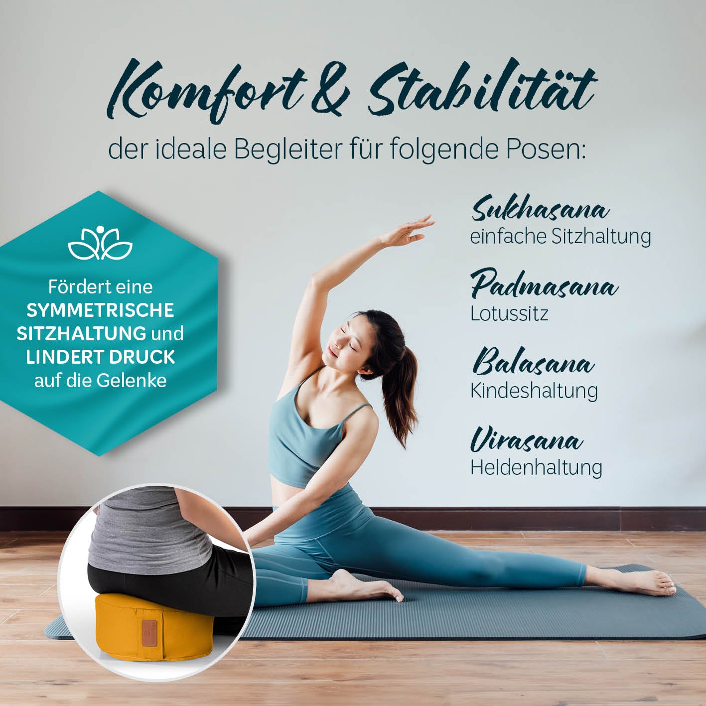 Yoga-Kissen Vishnu - gefüllt mit Bio-Dinkelspelz, currygelb, 30x30x15 cm, ideal für Symmetrie und stabile Sitzhaltungen.
