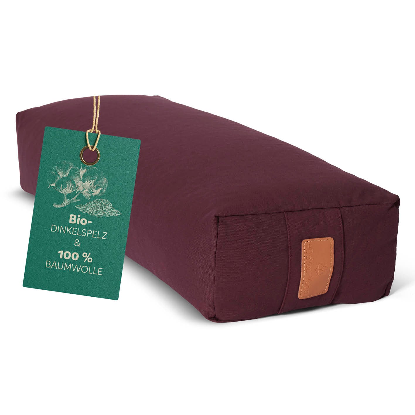 Yoga-Bolster Paravati gefüllt mit Bio-Dinkelspelz, Bezug aus 100% Baumwolle, Maße 67 x 22 x 13 cm, Farbe Bordeaux.