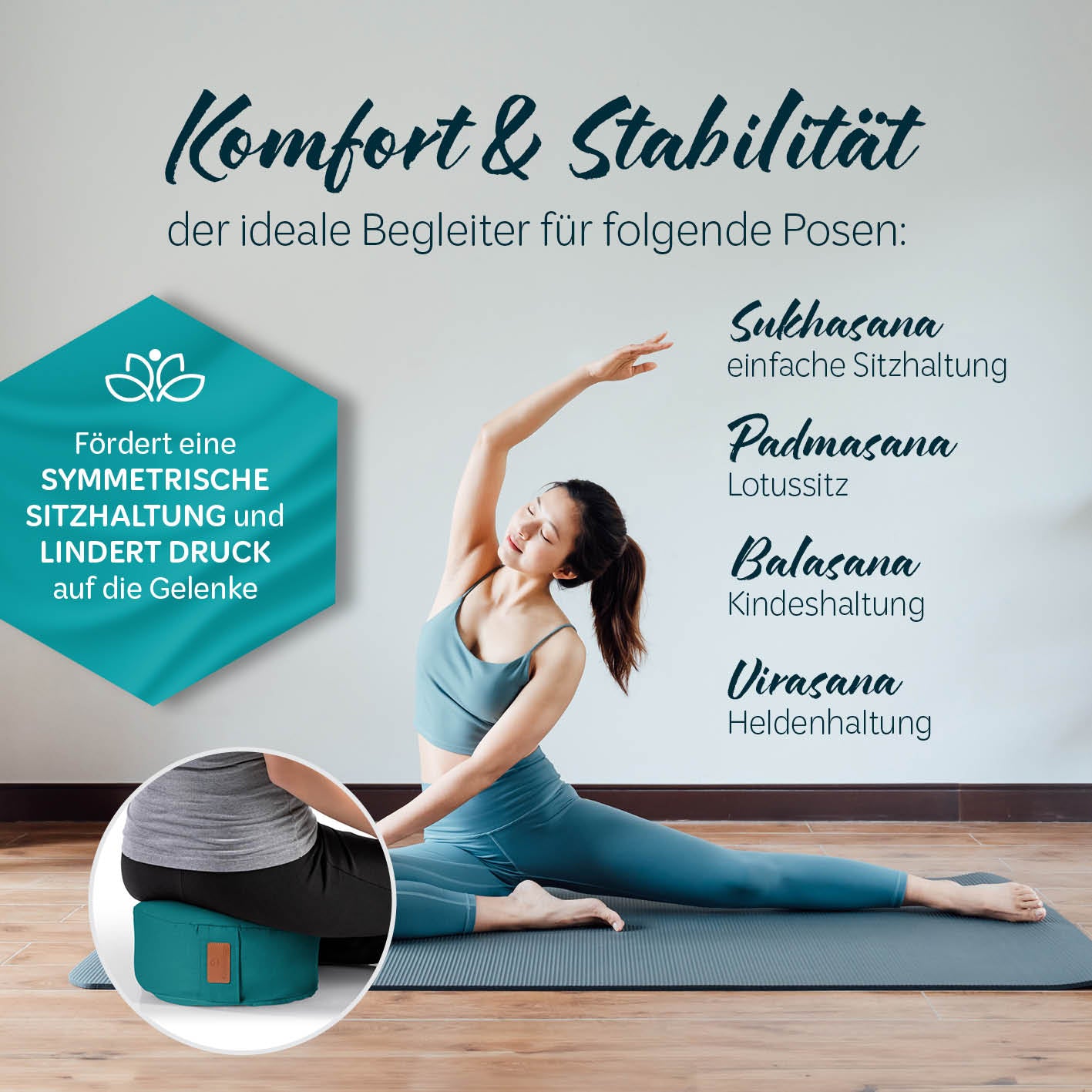 Yoga-Kissen Vishnu rund 30x30x15 cm in Dunkelgrün, gefüllt mit Bio-Dinkelspelz, ideal für Yoga und Pilates zur Unterstützung der Sitzhaltung.
