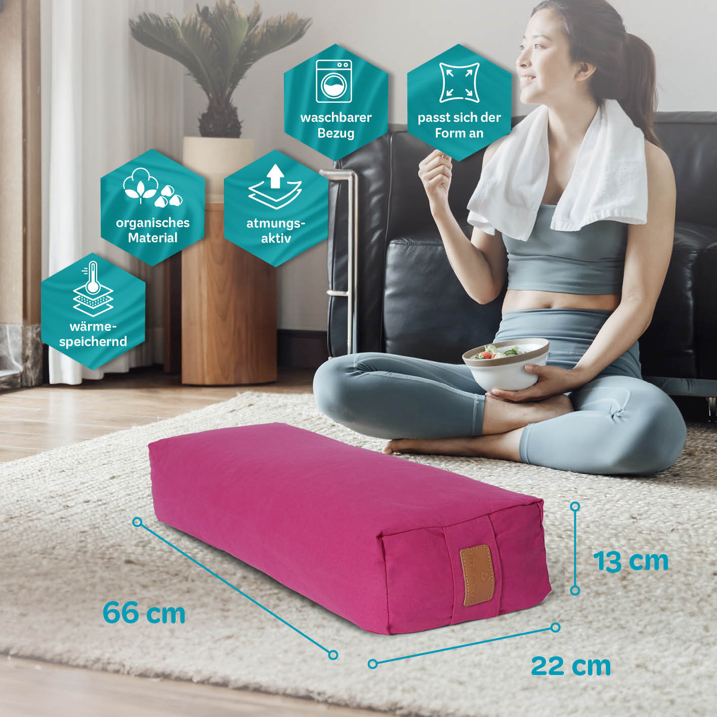 Yoga-Bolster Paravati gefüllt mit Bio-Dinkelspelz, 67 x 22 x 13 cm, waschbarer Bezug, atmungsaktiv, formanpassend, organisch, wärmespeichernd, pink.