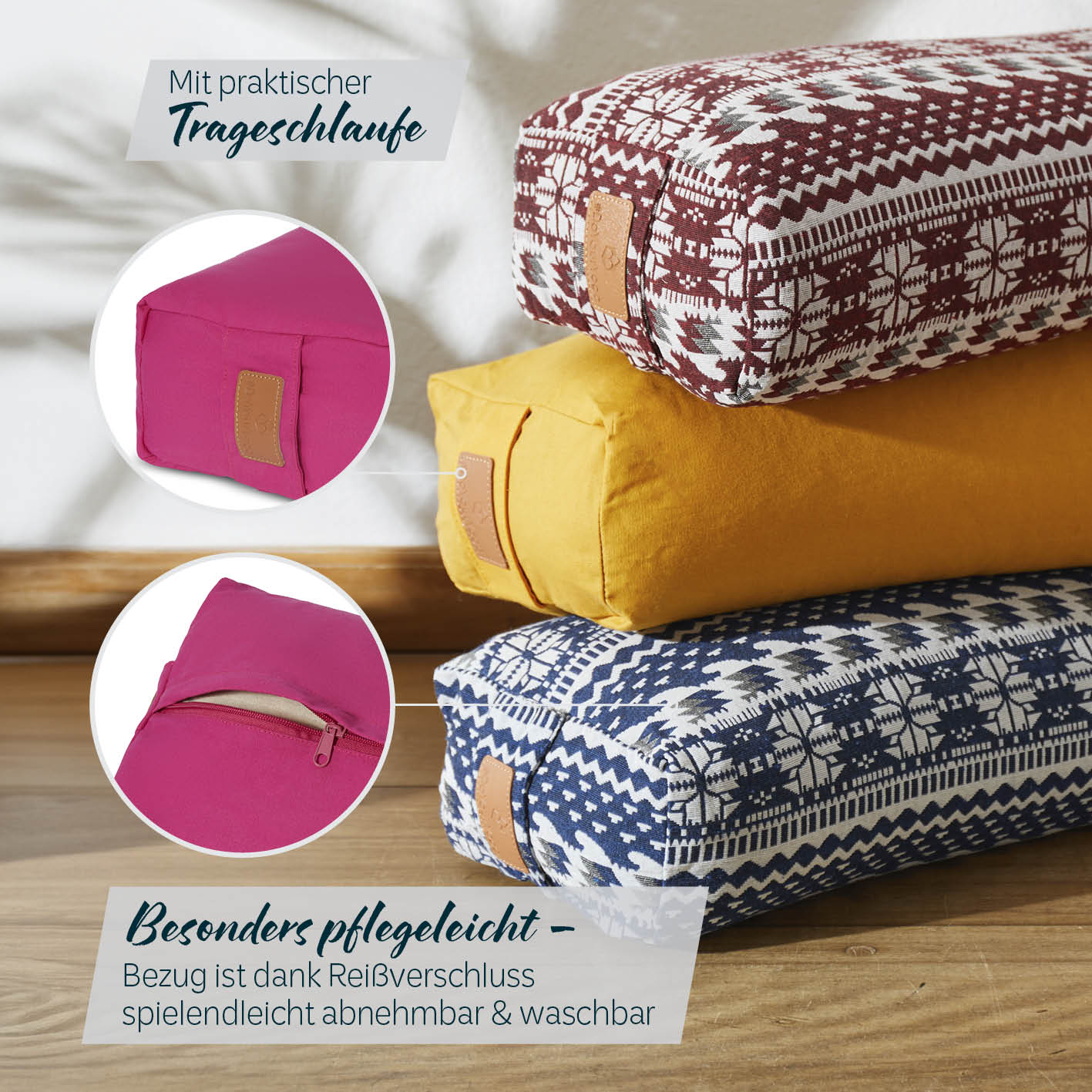 Yoga-Bolster Paravati - gefüllt mit Bio-Dinkelspelz, pink, mit praktischem Tragegriff und pflegeleichtem, abnehmbarem Bezug.