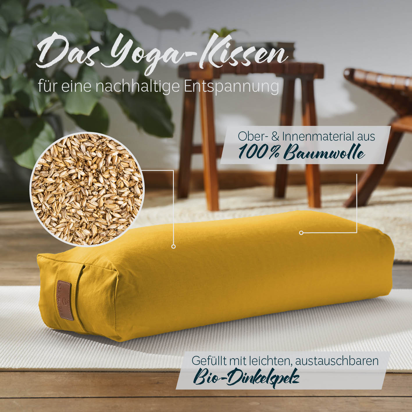 Yoga-Bolster Paravati, gefüllt mit Bio-Dinkelspelz, Bezug aus 100% Baumwolle, 67 x 22 x 13 cm, Indischgelb.
