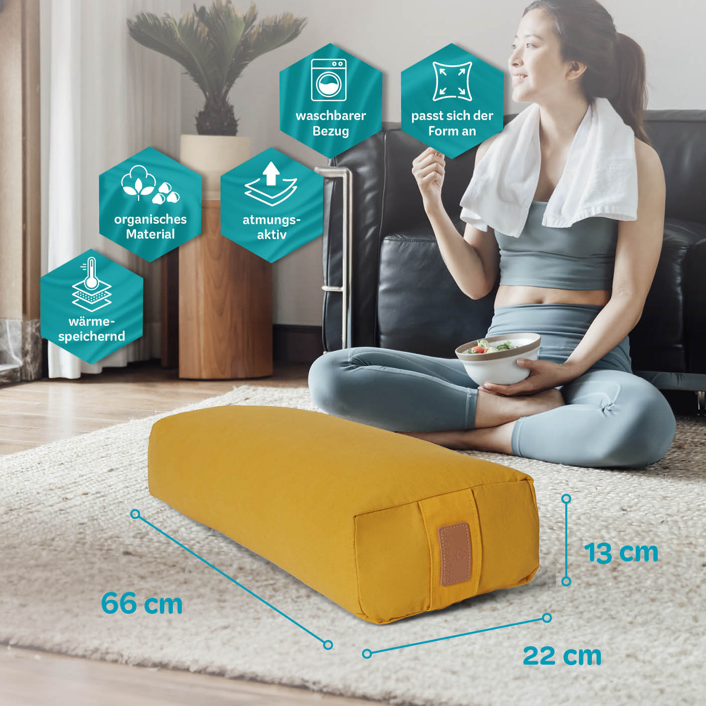 Yoga-Bolster Paravati - gefüllt mit Bio-Dinkelspelz, Indischgelb, 67 x 22 x 13 cm, waschbarer Bezug, atmungsaktiv und anpassbar.